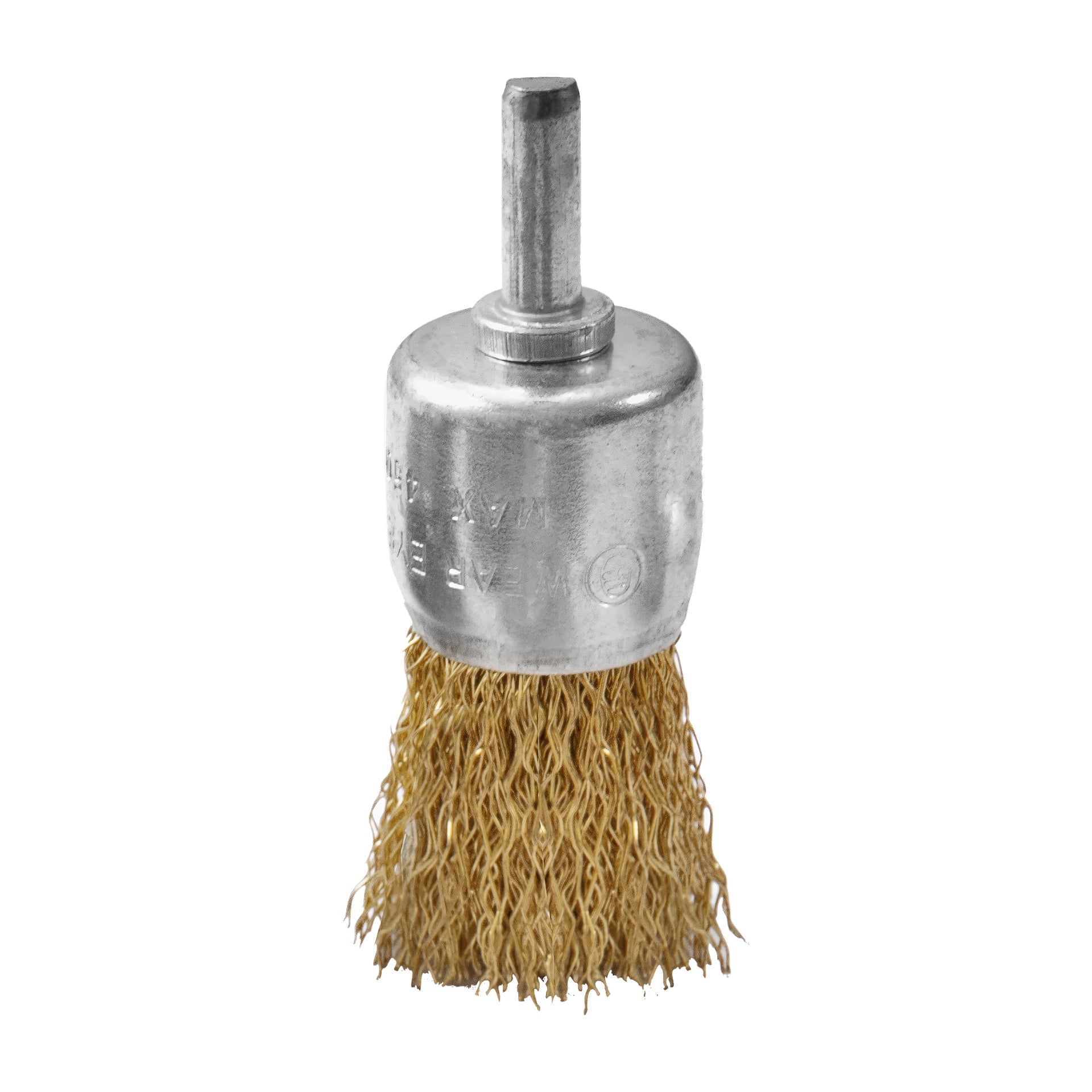 Sex koppformade stålborstar från Meec Tools, var och en med tvinnade mässingsborst och en cylindrisk metallskaft. Lämplig för rengöring, avgratning eller borttagning av rost från olika ytor.