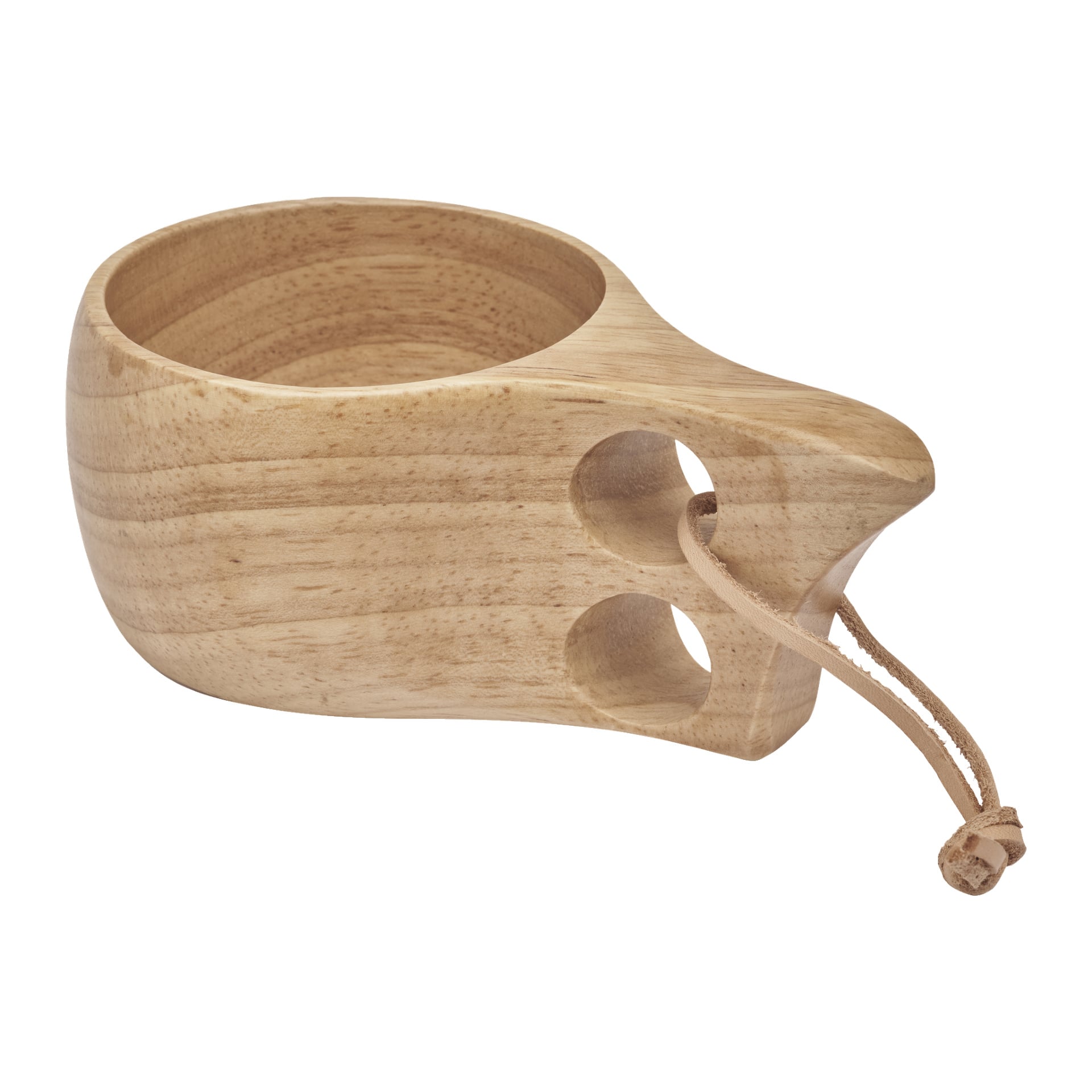 Atom Wooden guksi on puinen juomakuppi, jonka kahvassa on kaksi sormenreikää ja nahkahihna on pujettu yhteen rei'istä.