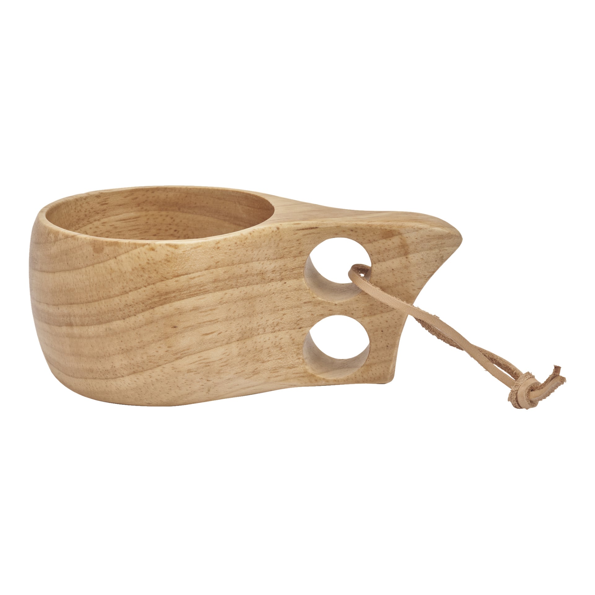 Atom Wooden -guksissa on kahva, jossa on kaksi sormenreikää, ja nahkahihna, joka on pujettu yhteen niistä.
