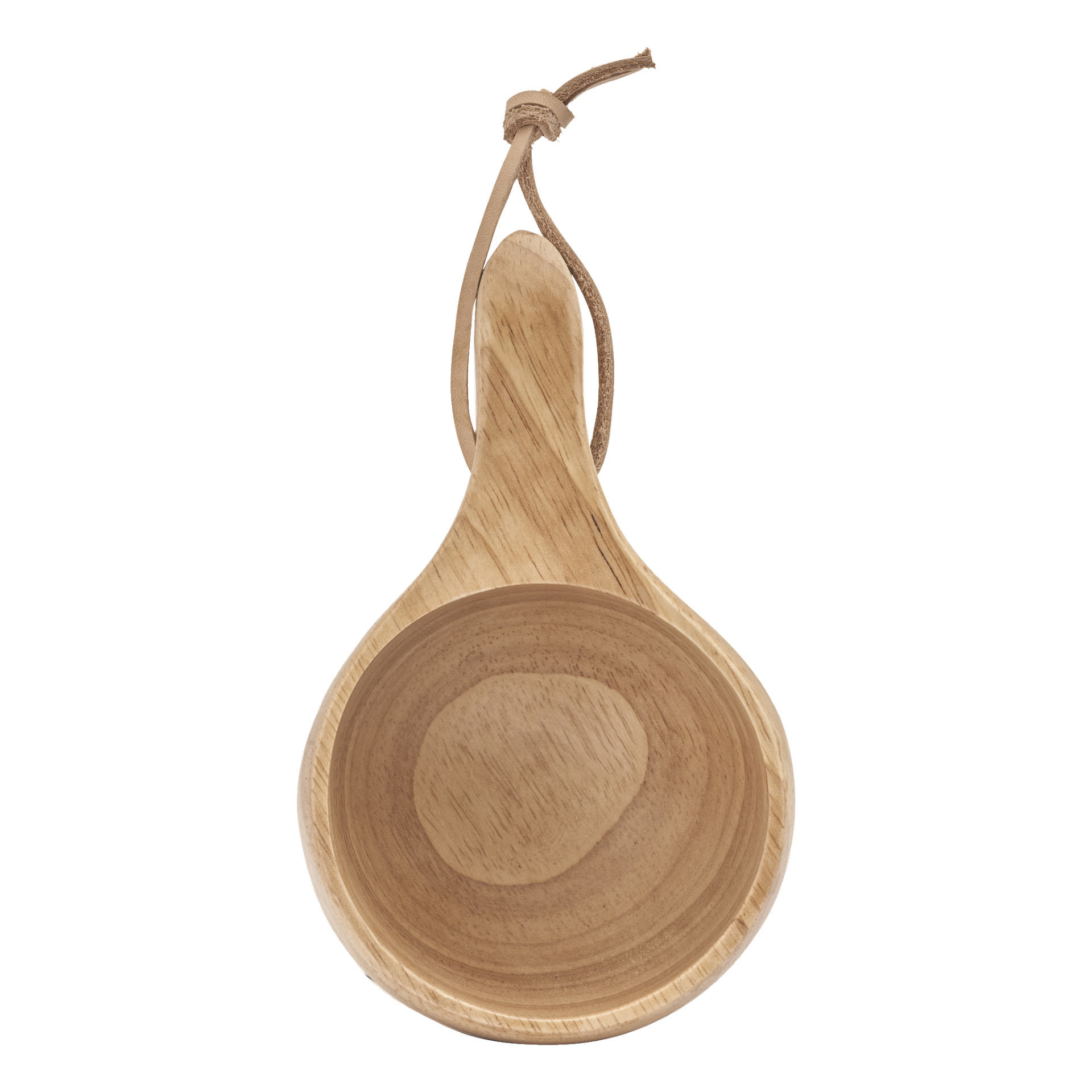 Atom Wooden guksi är en skopformad kopp av trä med en slät yta och ett läderöglahandtag.
