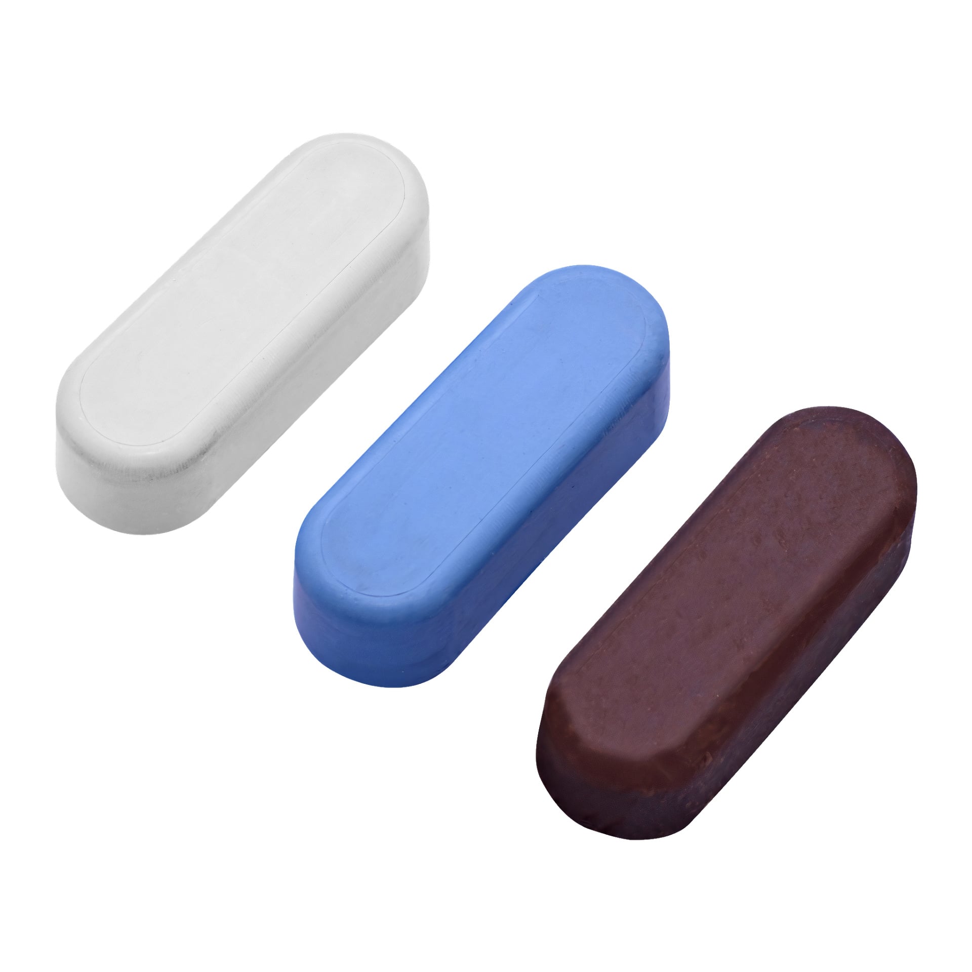 Tre Meec Tools poleringspastablock med rundade kanter – en vit, en blå och en brun – är arrangerade diagonalt.