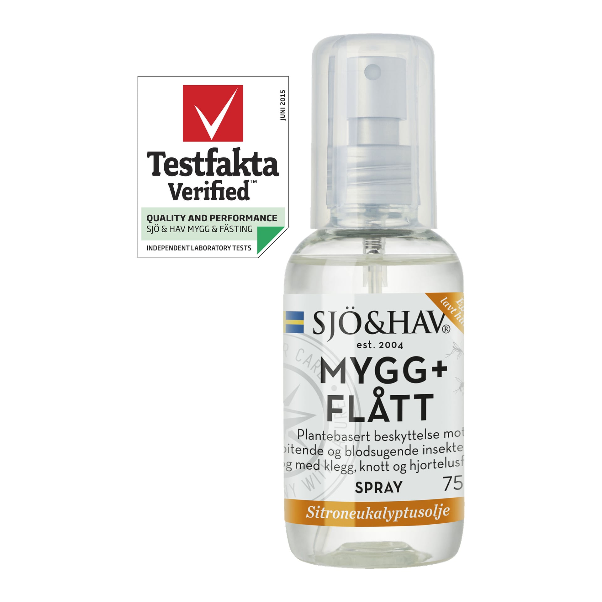 En Sjö & hav Mosquito and Tick spray spray spray med gjennomsiktig kork, plassert ved siden av et Testfakta Verified-merke som indikerer kvalitet og ytelse. Etiketten understreker bruk av plantebasert beskyttelse med sitron-eukalyptusolje.