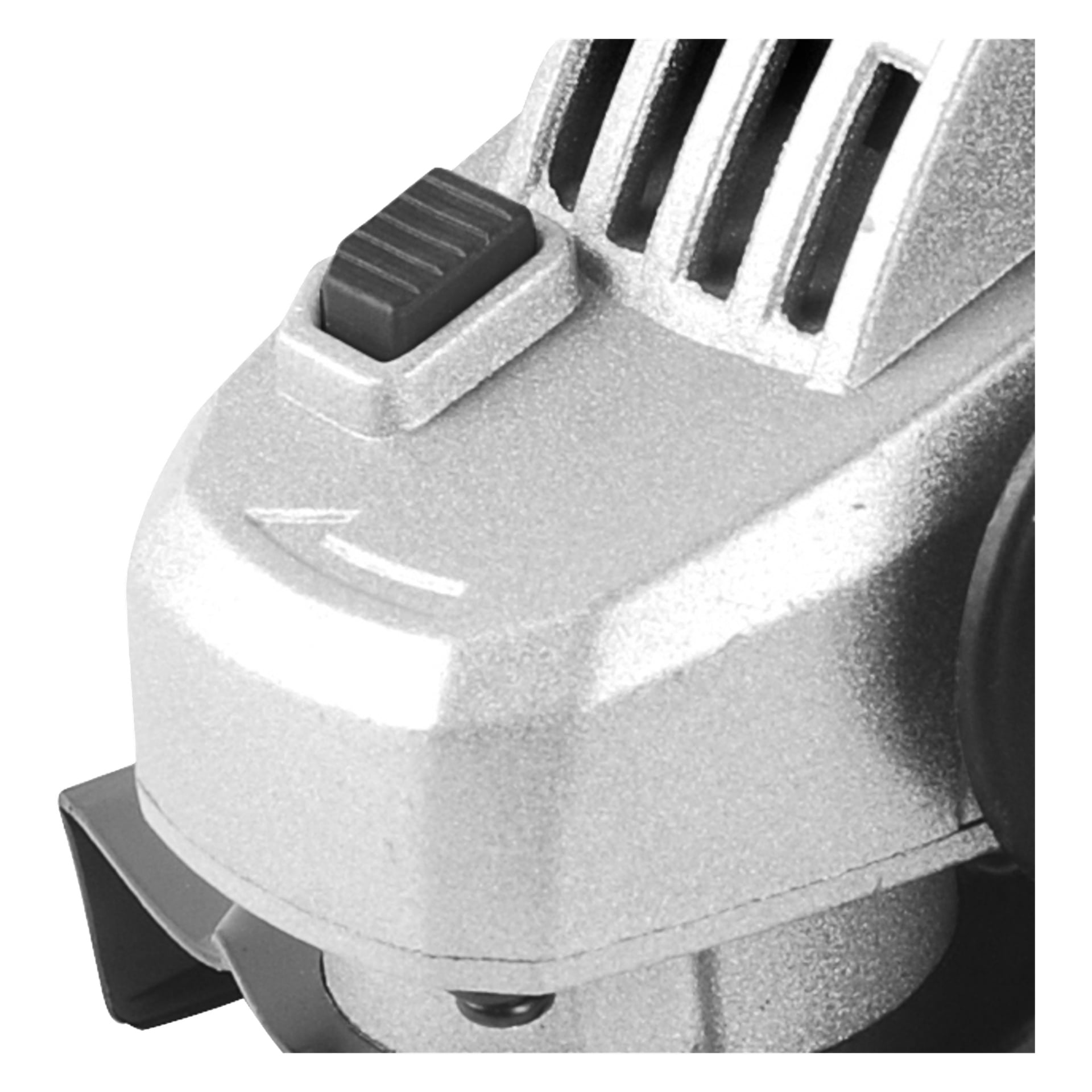 Närbild på en vinkelslip från Meec Tools med svarta ventilationsspringor, en rektangulär svart knapp och en del av spånbehållaren.