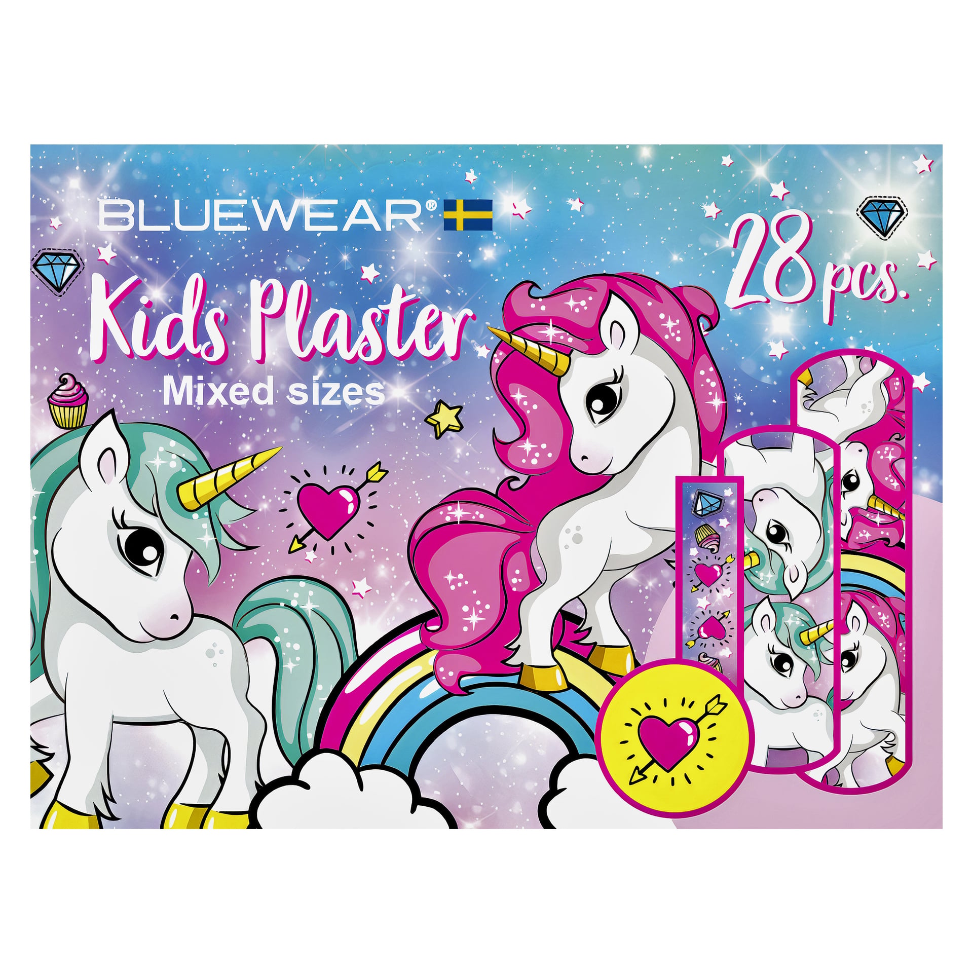 Bluewear Kids Plasters-låda, 28 blandade storlekar, designad för barn och med färgglada regnbågs- och enhörningsgrafiker. Bakgrunden på förpackningen är dekorerad med stjärnor, hjärtan och diamanter, med flera plåster synliga framtill.