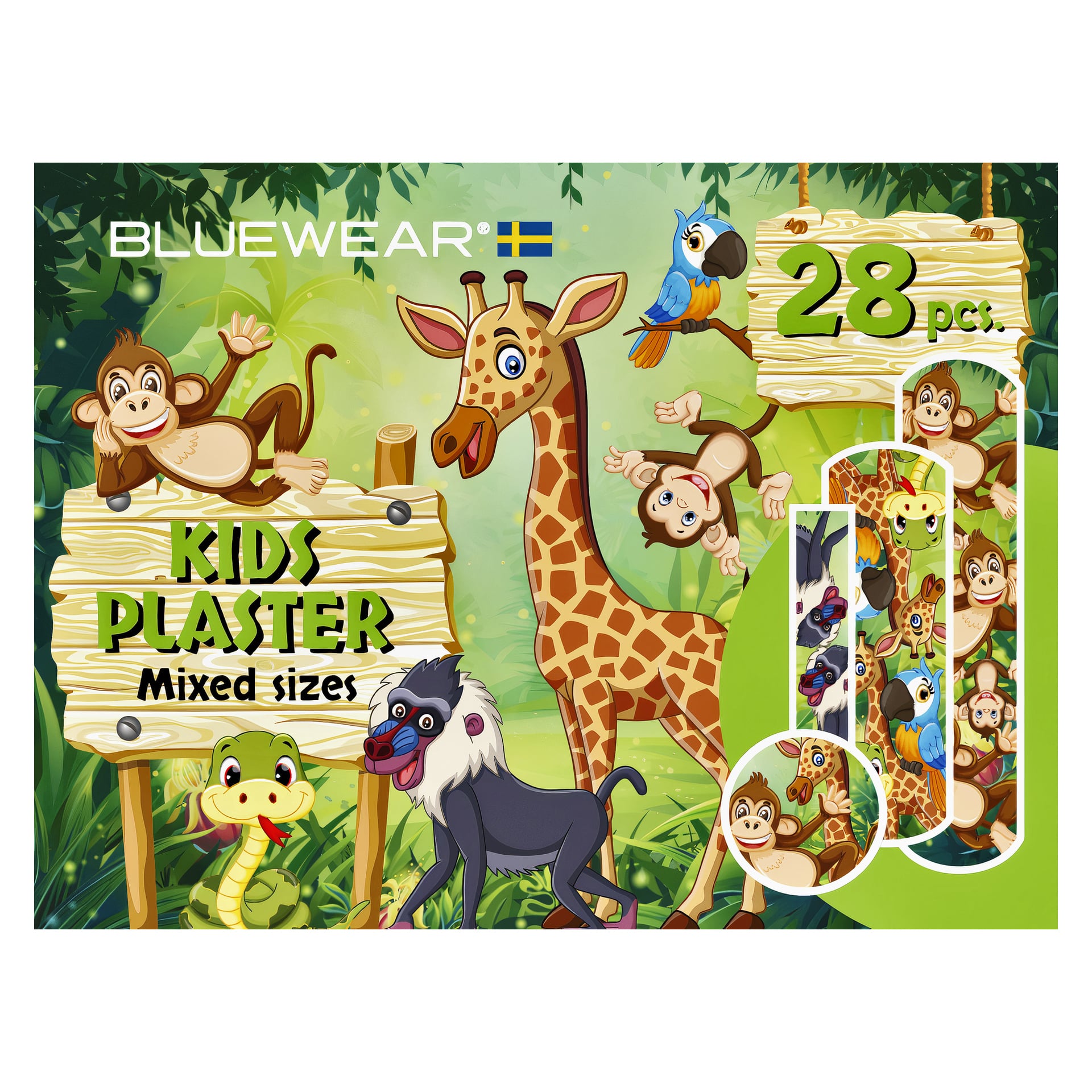 En grupp tecknade djungeldjur—apor, en giraff, papegoja, orm och babian—omringar en skylt där det står "Bluewear Plasters 28 pack." På höger sida visas tre gipsdesigner i olika storlekar.