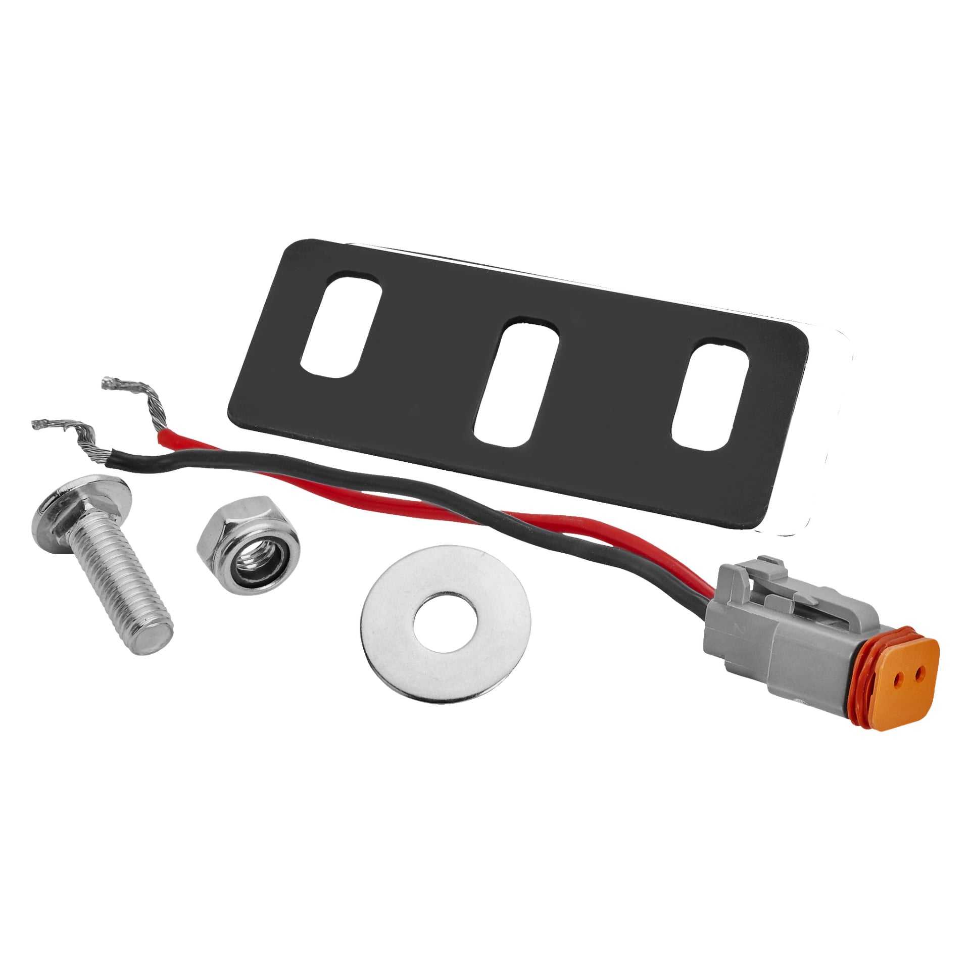 En Hamron Extra Light LED vises med en metallbolt, mutter, skive, en svart plastplate med tre rektangulære spor, og en ledning med kontakt festet til røde og svarte kabler.