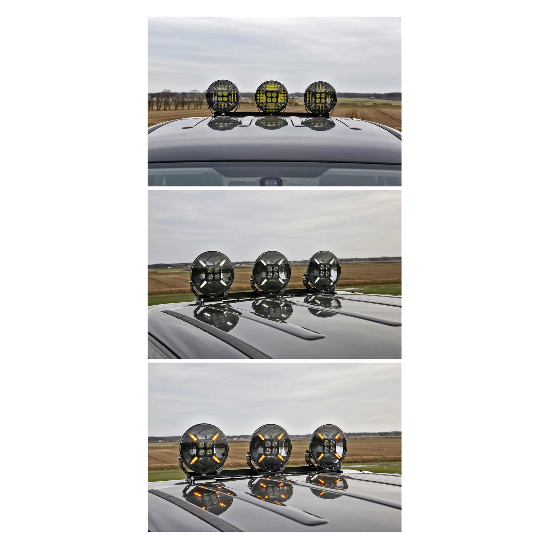 Tre Hamron Extra Light LED-runde terrenglys er installert på taket av et svart kjøretøy, vist fra flere perspektiver med et landlig landskap og skyet himmel i bakgrunnen.