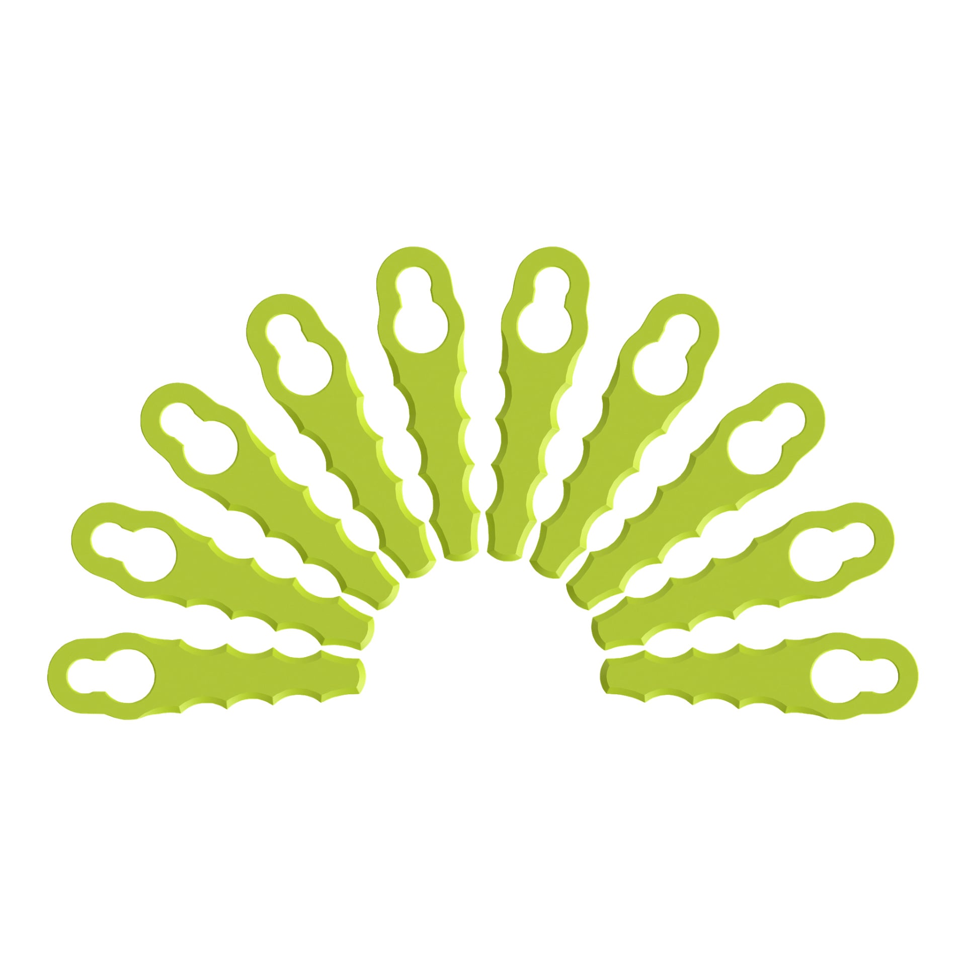 Tio gröna Ryobi One+ Blades från ett 10-pack visas i en halvcirkel. Varje blad har ett ergonomiskt handtag och två cirkulära hål i olika storlekar i ena änden.