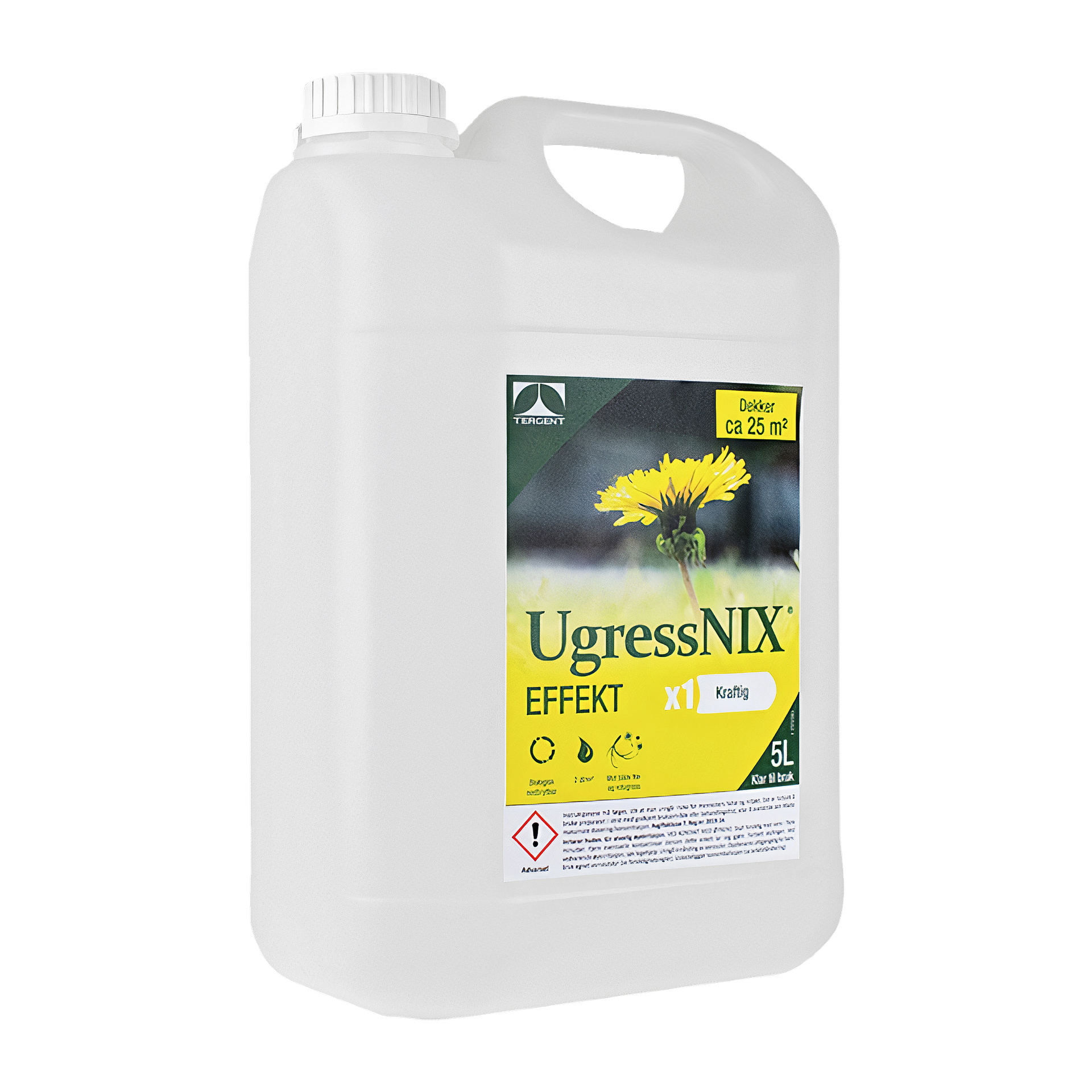 En 5-liters hvit plastbeholder fra Tergent, merket «Eddik ugressmiddel UgressNIX Effekt», med et grønt design og et løvetannbilde på forsiden. Etiketten sier at den behandler rundt 25 m² og er ment for ugressfjerning.