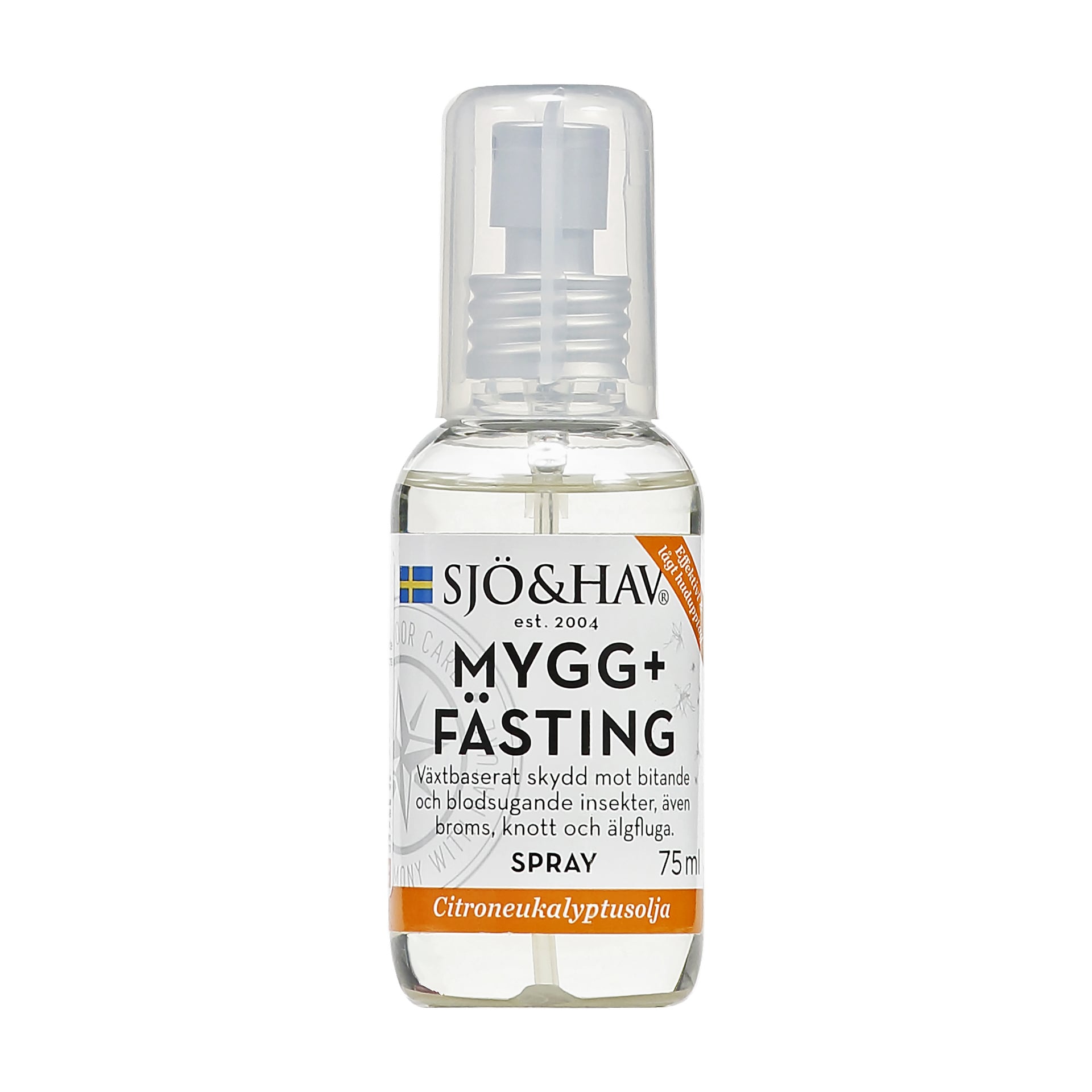 En 75 ml klar plastsprayflaska märkt "Mygg- och fästingmedel", prydd med en svensk flagga och orange detaljer på etiketten; innehåller citron-eukalyptusolja som insektsmedel.