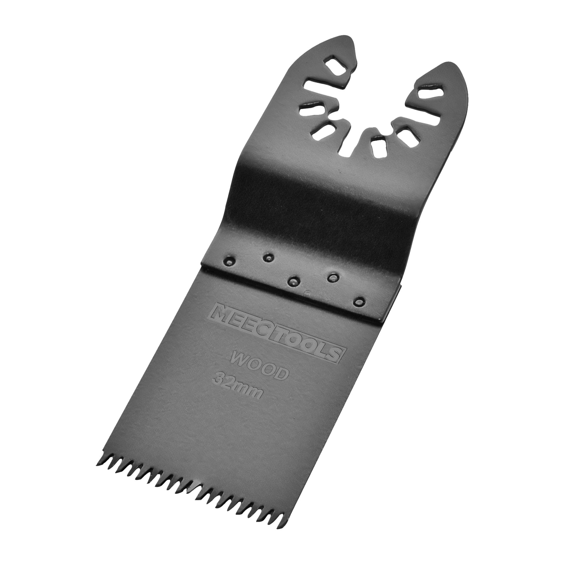 Ett svart Meec Tools oscillerande multiverktygssågblad märkt "WOOD 32mm", med en rak, fintandad egg och en slitsad ände designad för enkel montering.