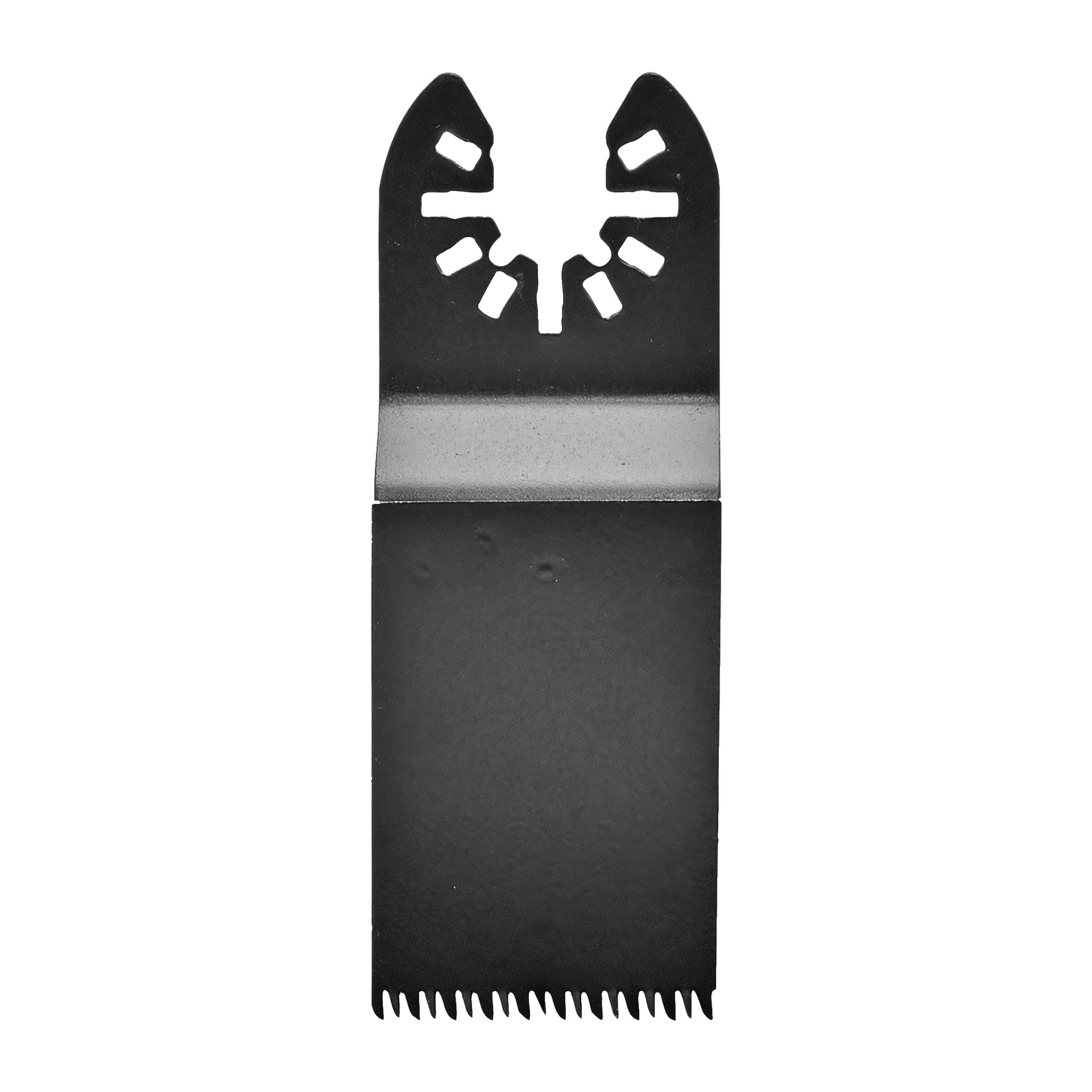 Ett svart Meec Tools-sågblad med en hackad koppling upptill och vassa, taggiga tänder längs underkanten.