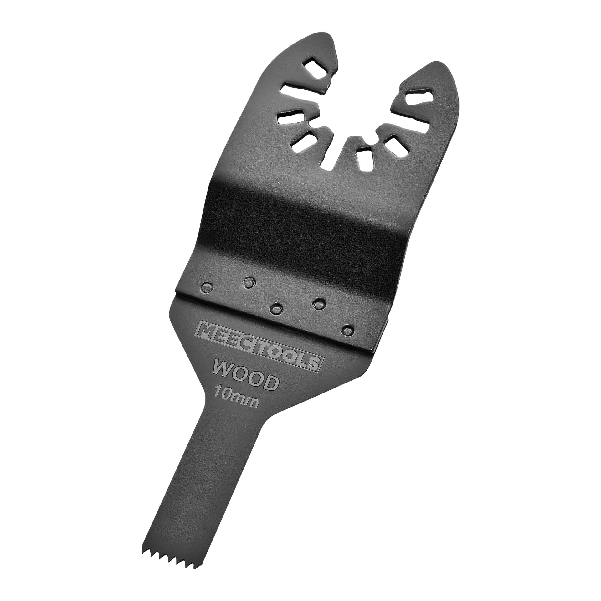 Ett svart Meec Tools-sågblad för trä, med en platt, taggig 10 mm skäregg och en slitsad kontakt för användning med ett oscillerande elverktyg.