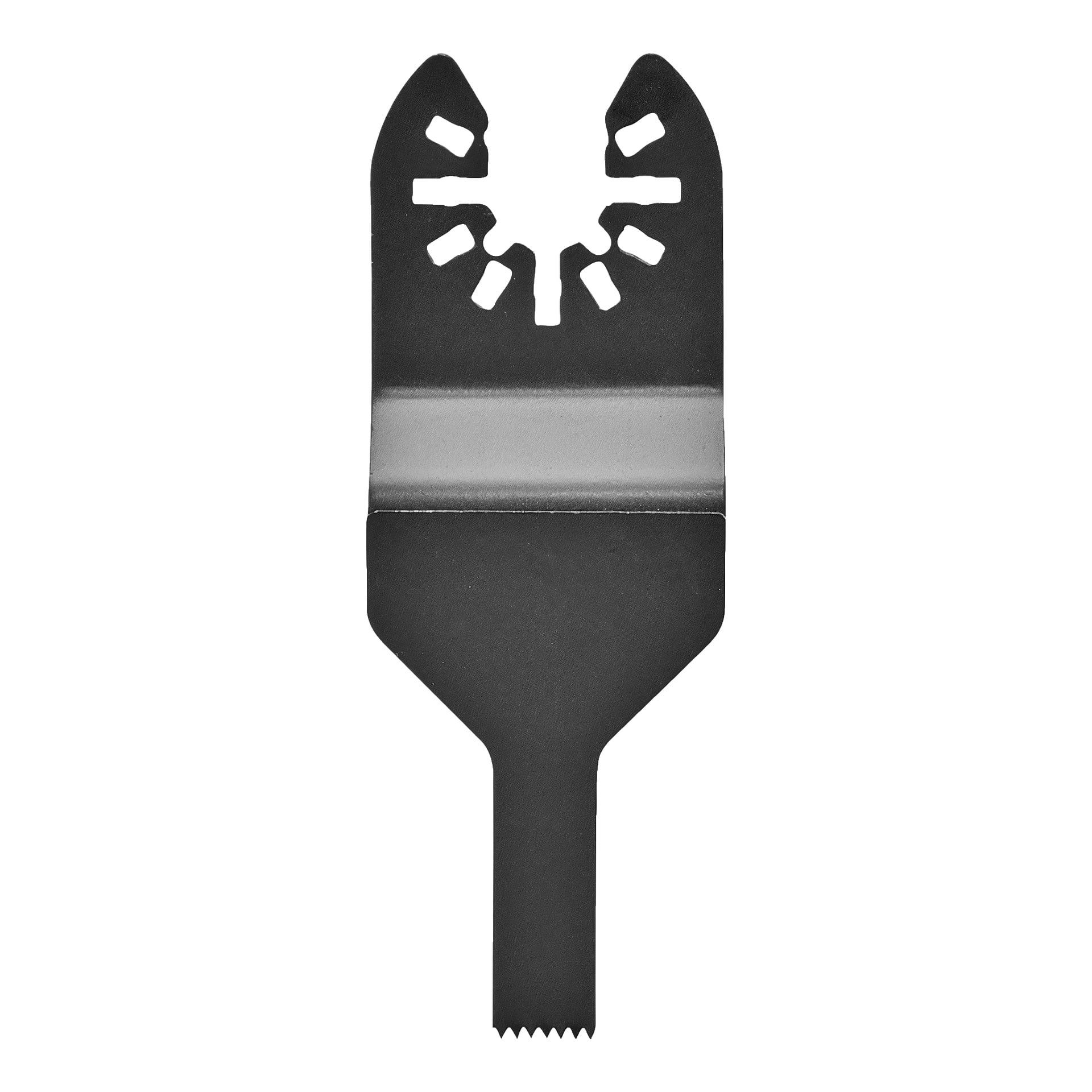 Ett svart Meec Tools-sågblad med en halvcirkelformad, slitsad fäste för oscillerande verktyg, med en platt bottenkant som är rak och avslutas med en tandad spets.