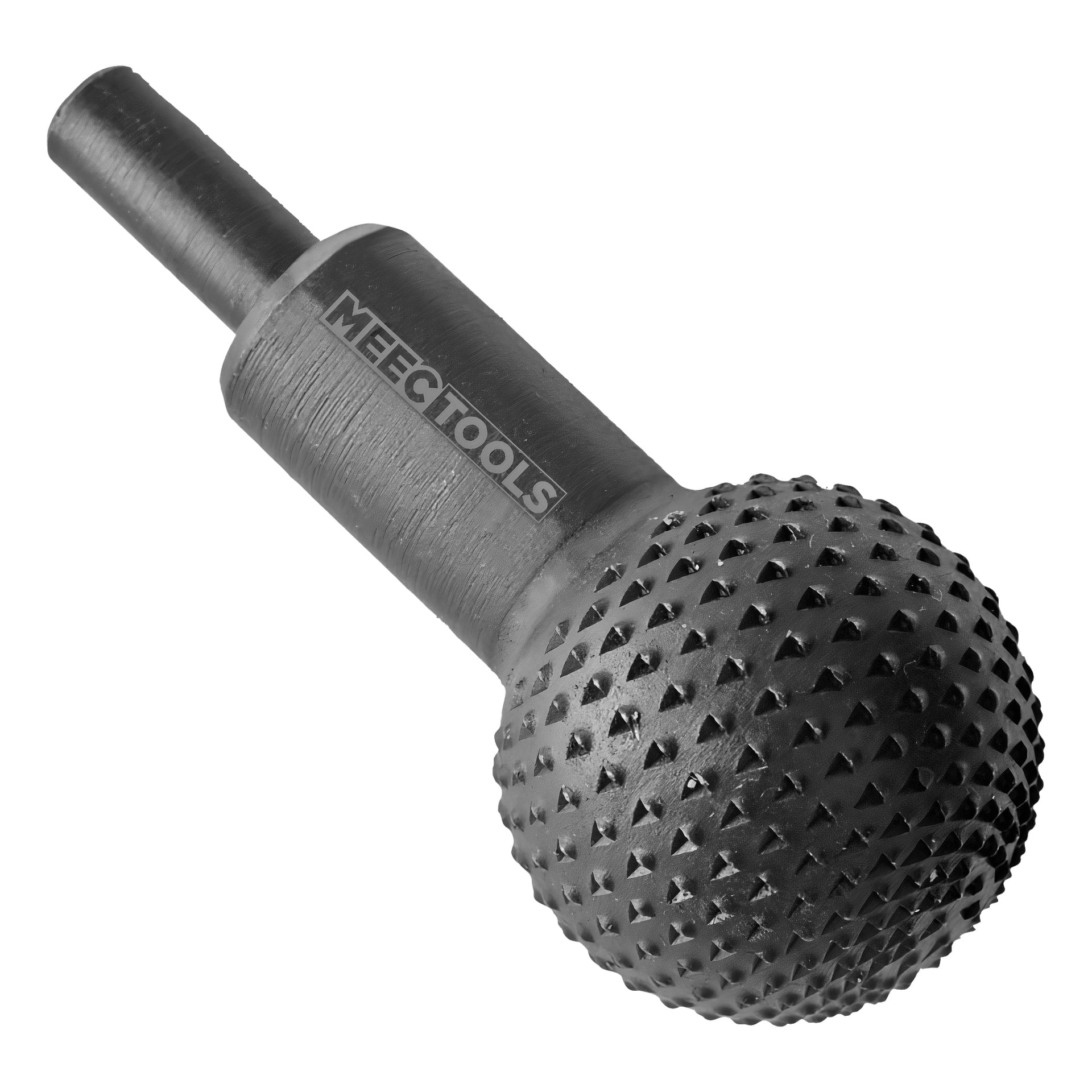En svart Meec Tools kul-rasp med en cylindrisk skaft och ett rundat, texturerat skärhuvud med vassa upphöjda spetsar, designat för att forma trä eller liknande material.
