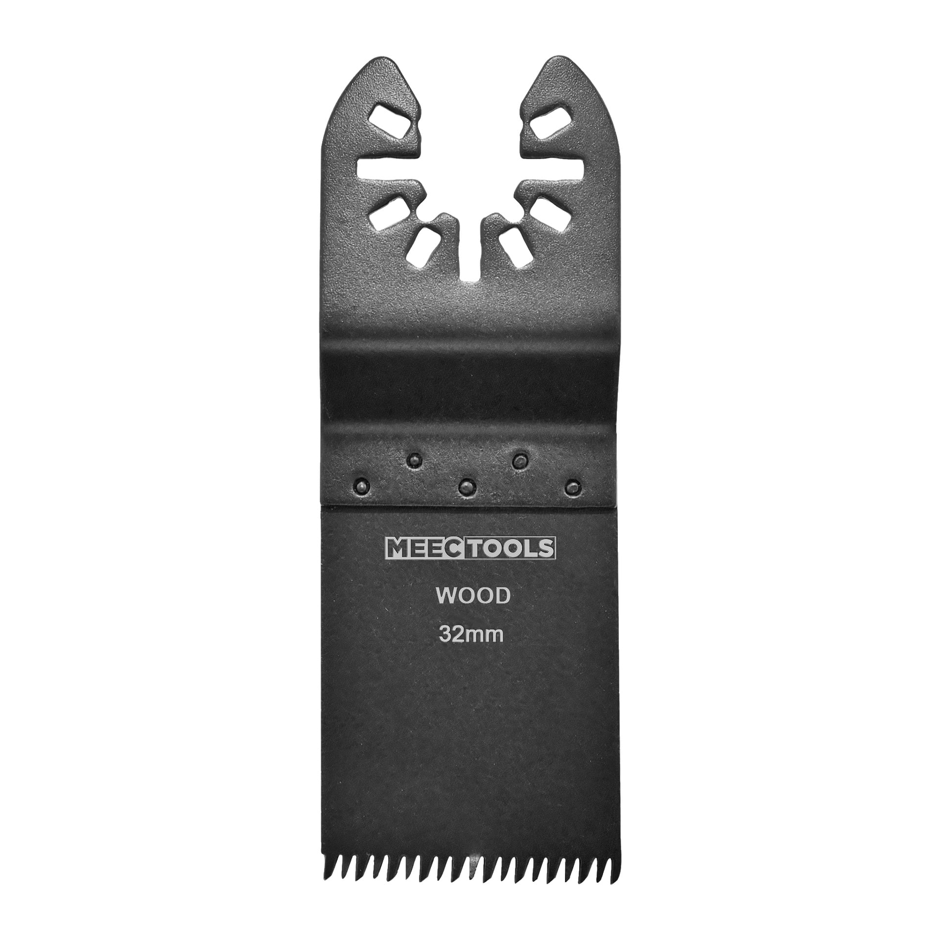 Ett 32 mm svart Meec Tools oscillerande sågblad för trä, med vassa tänder i ena änden och en hackad kontakt i den andra för montering.