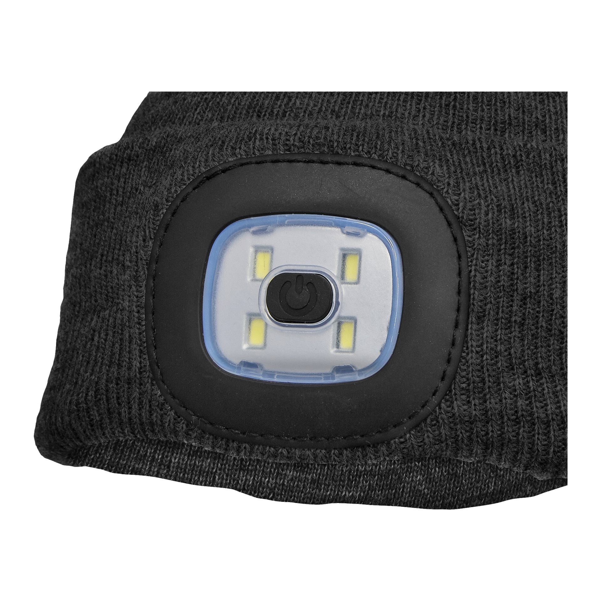 Eine graue gestrickte Kayoba Outdoor-Mütze in Nahaufnahme gezeigt und hebt eine eingebaute rechteckige LED-Stirnlampe vorne hervor. Die Lampe verfügt in der Mitte über einen einzigen Power-Knopf mit vier umgebenden LED-Lampen, die alle in einem schwarzen Rahmen untergebracht sind.