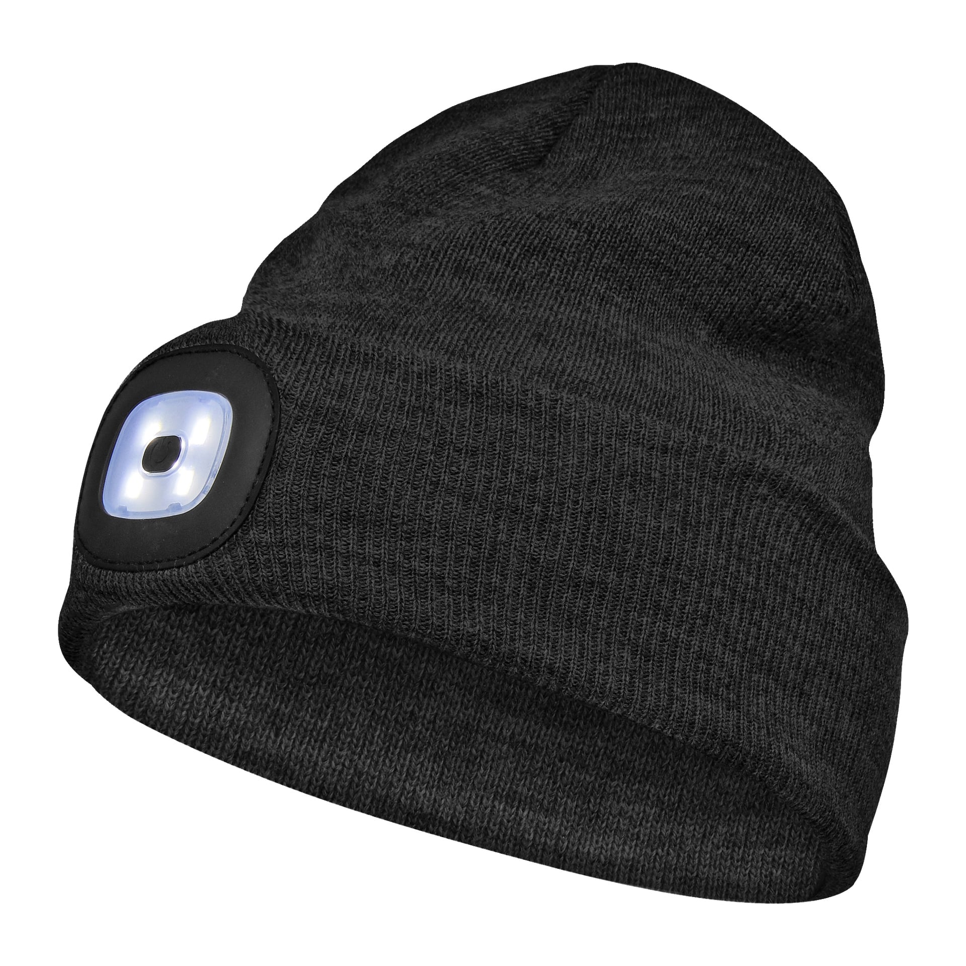 Eine dunkel gestrickte Kayoba Outdoor-Mütze mit einer kleinen, quadratischen LED in der vorderen Mitte für freihändige Beleuchtung; die LED ist beleuchtet.