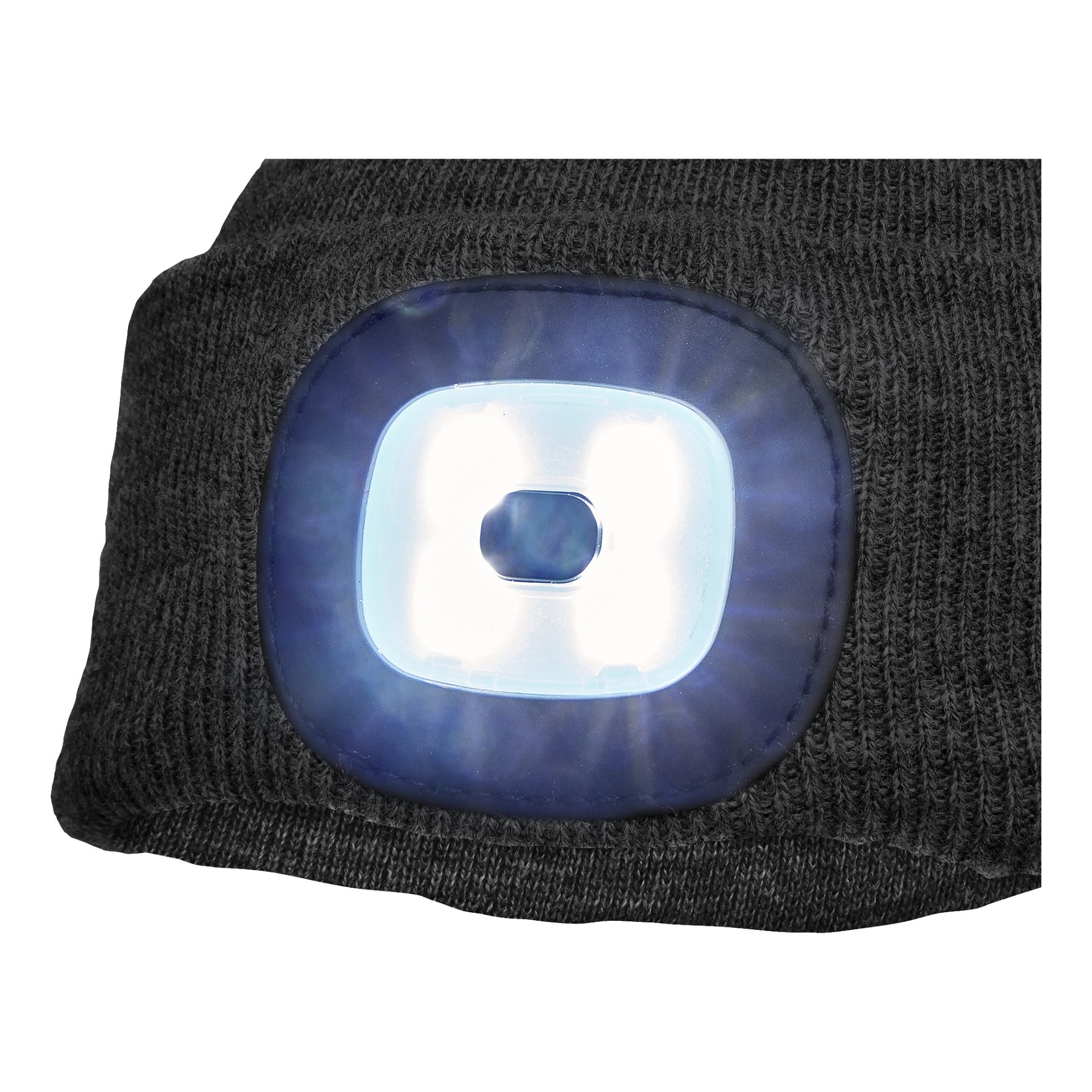 Detaillierte Ansicht der Kayoba Outdoor Beanie, die ihren dunkelgrauen Strickstoff und eine rechteckige LED-Stirnlampe vorne zeigt, die ein leuchtend weißes Licht strahlt.