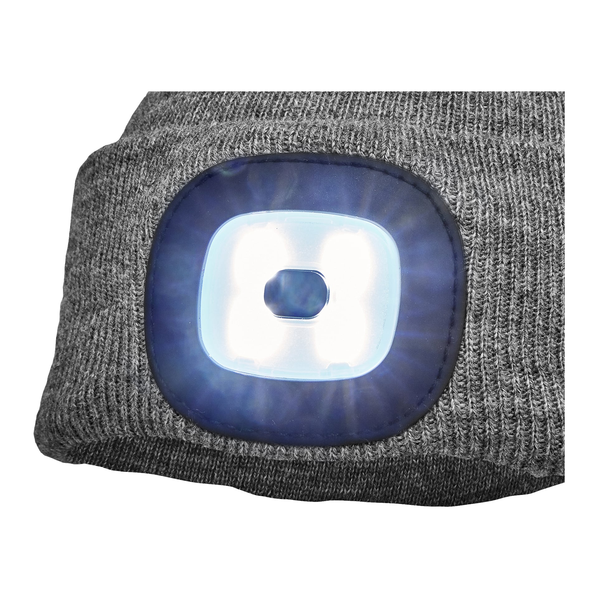 Nahaufnahme einer grauen Kayoba Outdoor-Mütze mit einem beleuchteten rechteckigen LED-Licht, das in der vorderen Mitte eingebettet ist und mit einem starken weißen Licht leuchtet.