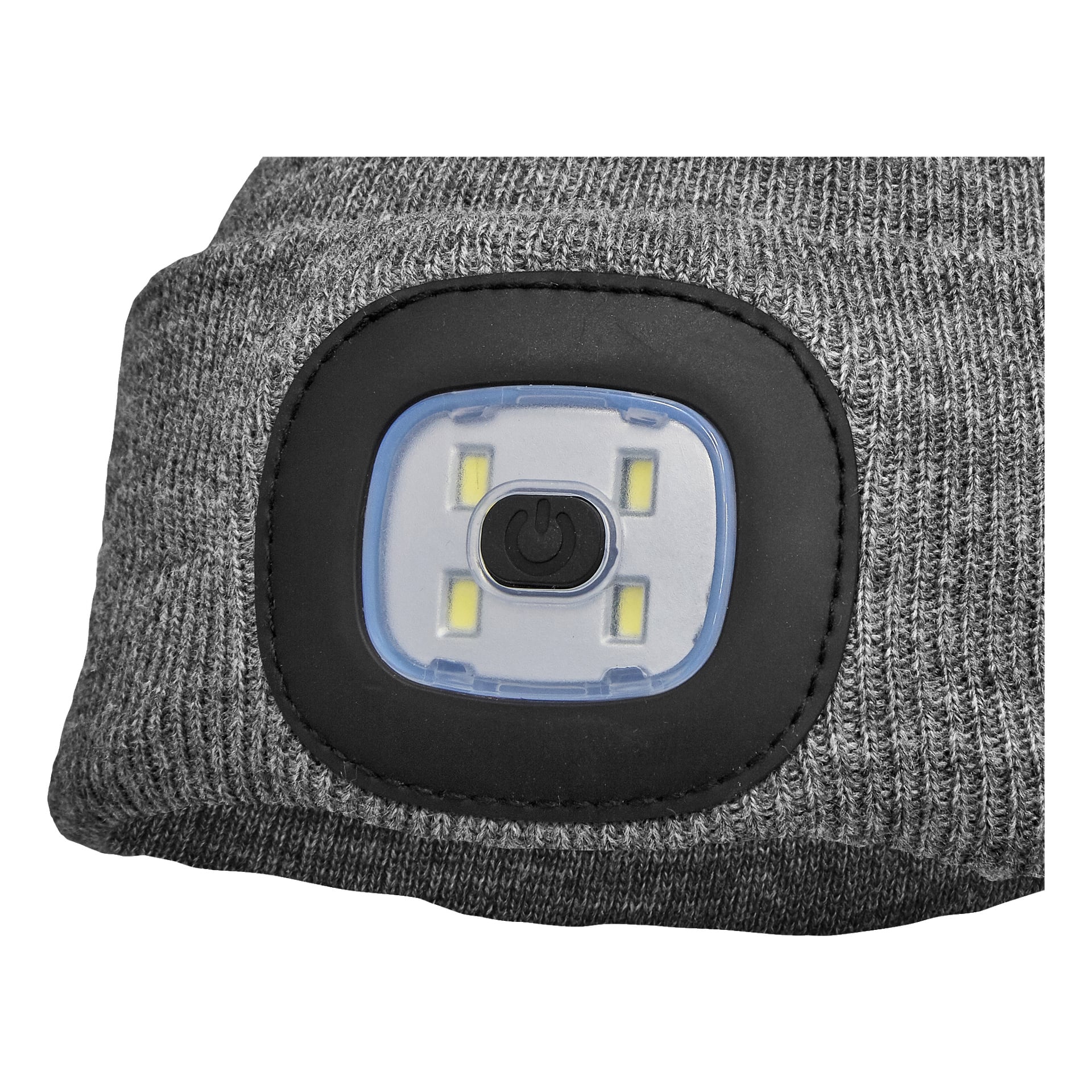 Nahaufnahme einer grauen Kayoba Outdoor-Mütze mit integrierter rechteckiger LED-Leuchte, die einen schwarzen mittleren Einschaltknopf, vier gelbe LEDs und schwarzen Gummirahmen besitzt.