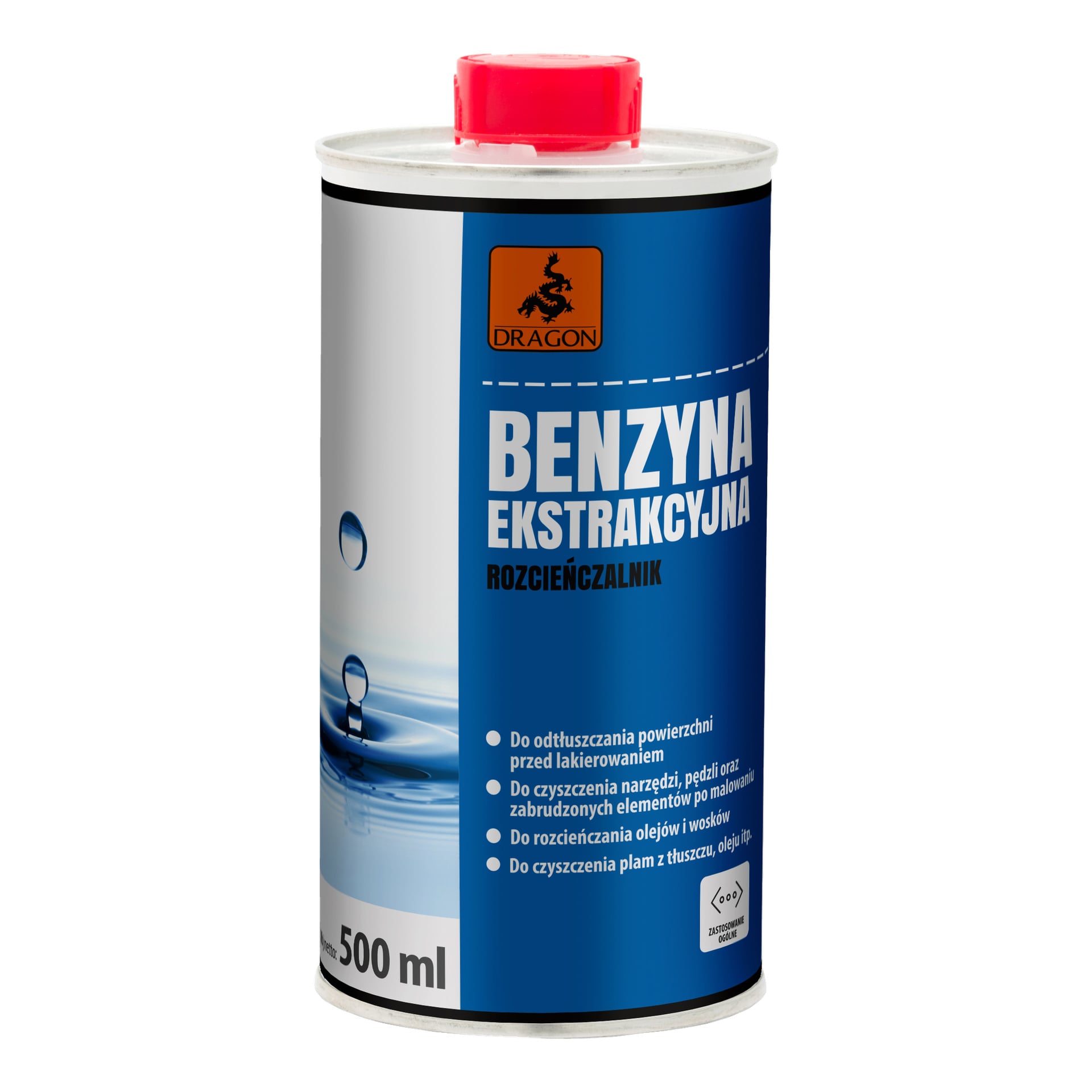 Puszka Dragon Extraction nafty PBE500 o pojemności 500 ml z czerwoną nakrętką i niebiesko-białą etykietą z informacją o zastosowaniu do czyszczenia i odtłuszczania powierzchni lub narzędzi.