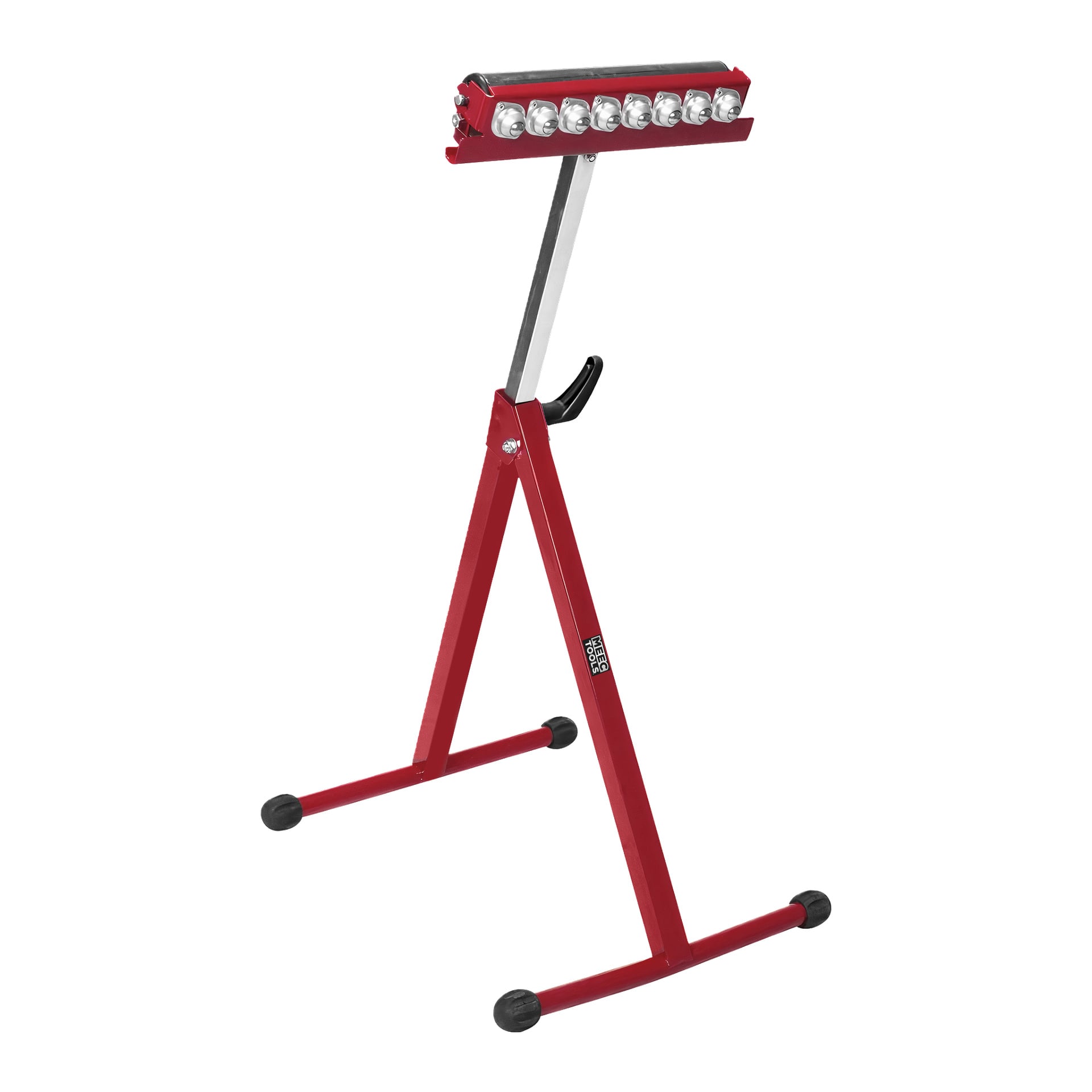 Ett rött Meec Tools rullställ med justerbar höjd, utrustat med en serie metallrullar ovanpå, en central stödstång, stadiga svarta gummifötter och en spak för att justera höjden.
