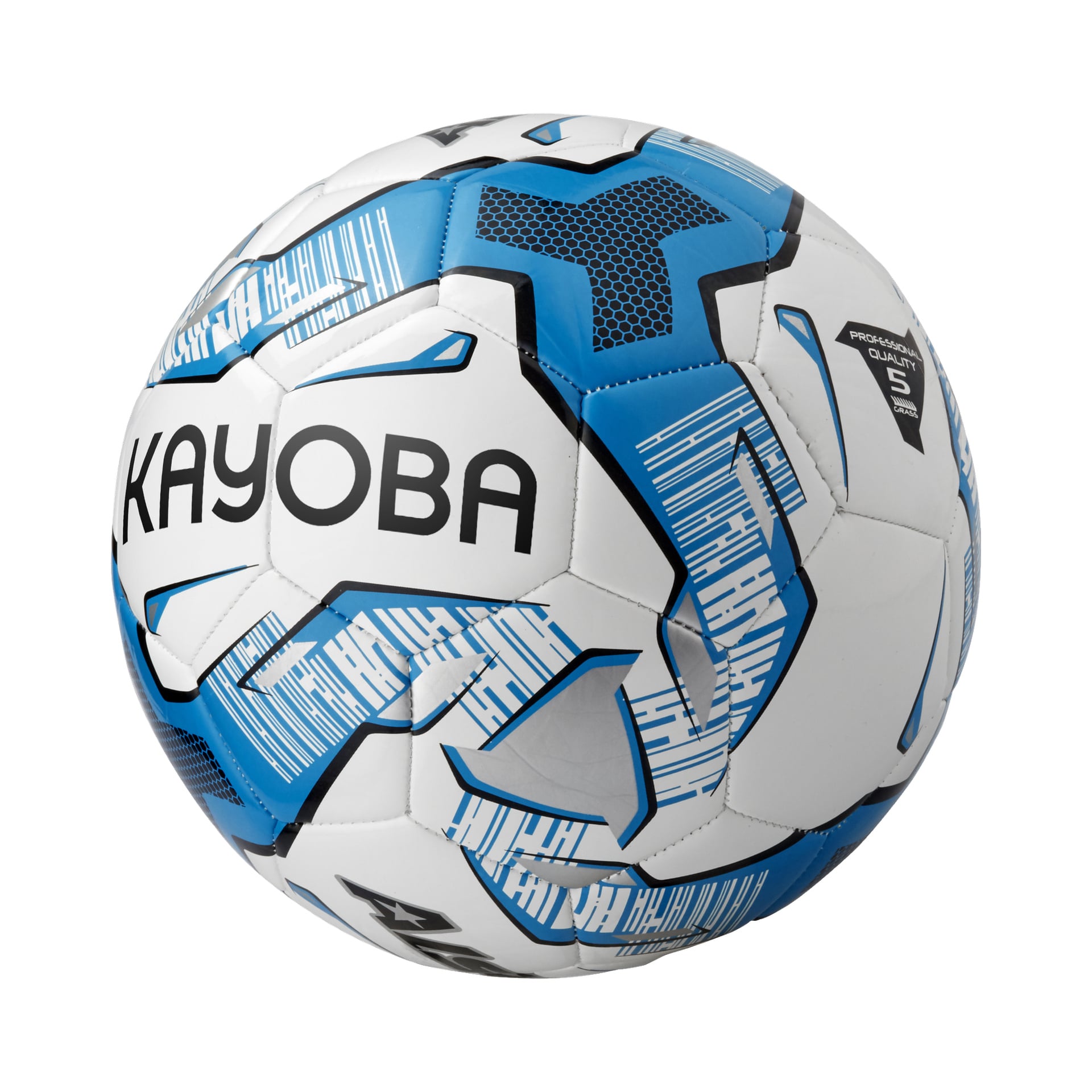 Ein weißer Kayoba-Football mit blauen und schwarzen geometrischen Mustern, mit dem Text KAYOBA und einem PROFESSIONAL QUALITY 5-Abzeichen.
