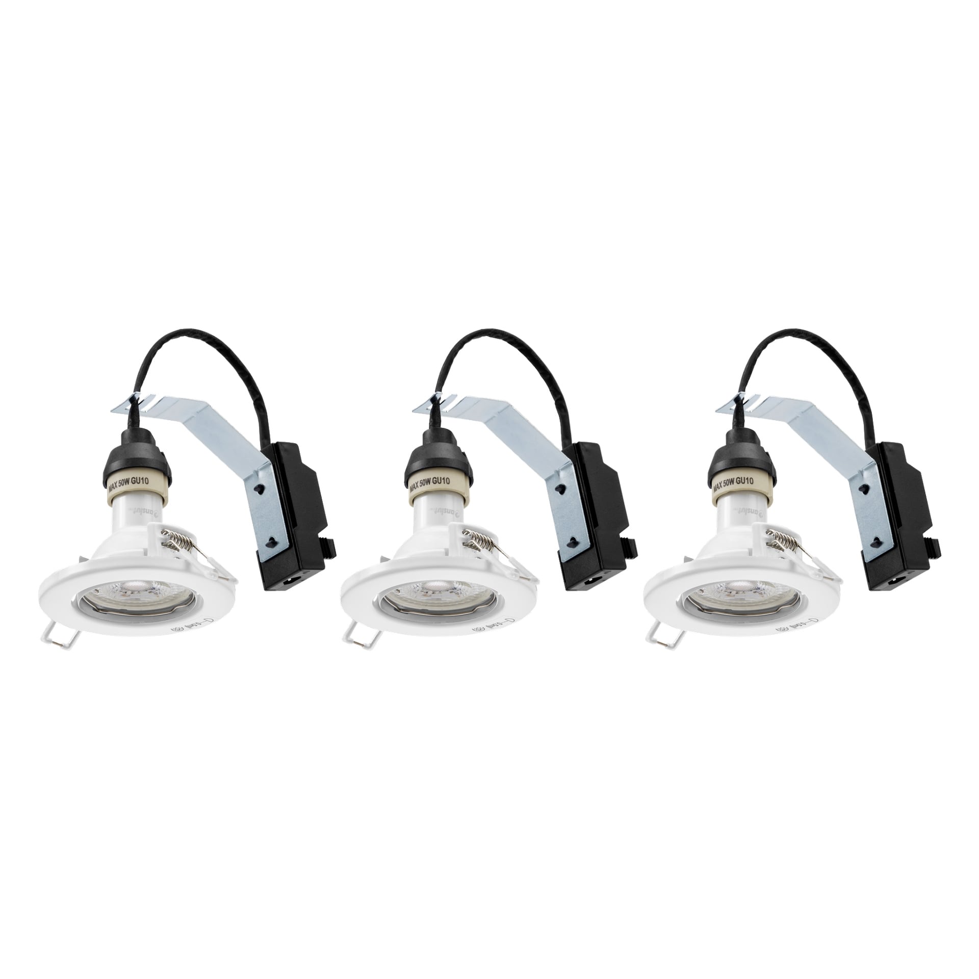 Tre Anslut Dimmable Downlights LED-armaturer visas i rad och säljs tillsammans som ett 3-pack. Varje matchande infälld taklampa har metallfästen och svarta elledningar fästa, där alla tre är något vinklade åt vänster.