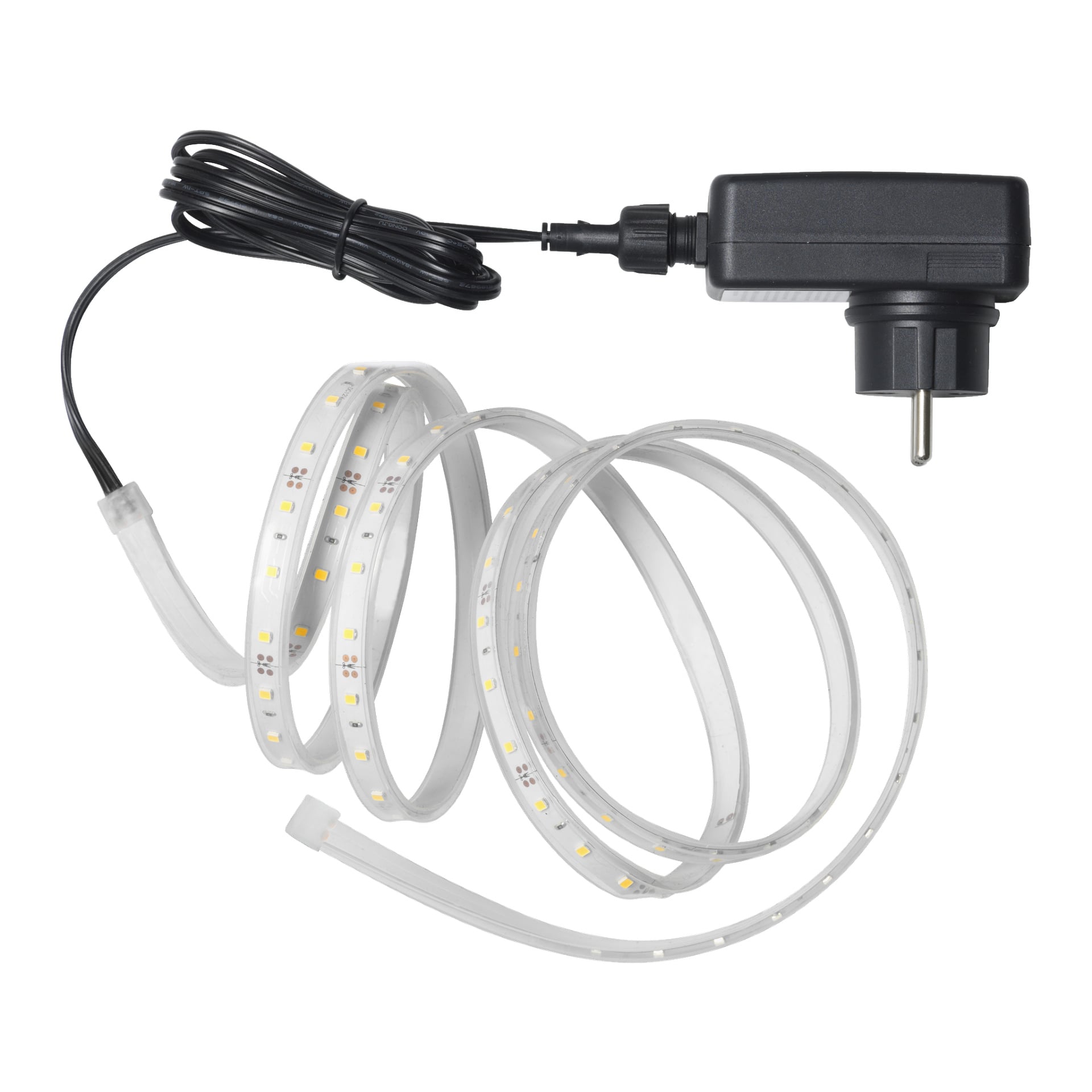 Ein aufgewickelter Anslut-LED-Strip mit winzig verteilten Glühbirnen, der an ein Netzteil angeschlossen ist, das ein schwarzes Kabel und einen europäischen Stecker hat.