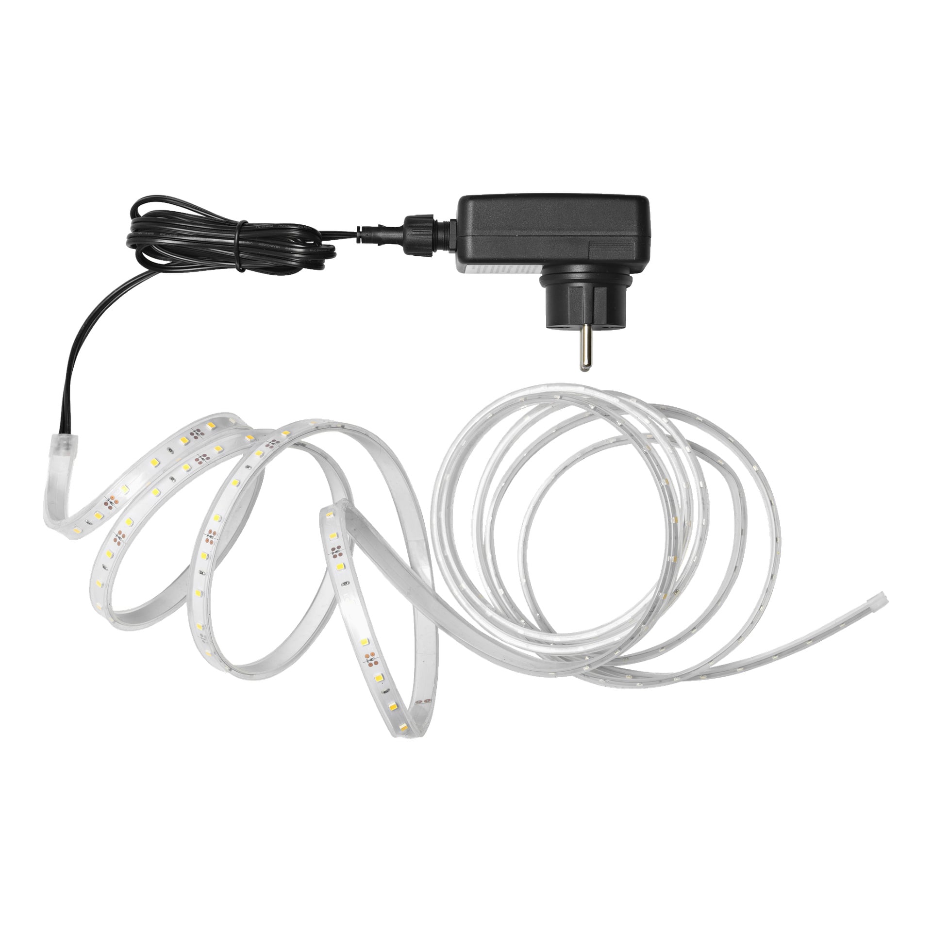 Ein gewickelter Anslut-LED-Streifen befindet sich in einem transparenten Gehäuse, an einen schwarzen Netzadapter und ein Kabel angeschlossen, entlang dessen Länge verlaufen zahlreiche kleine LED-Lichter.