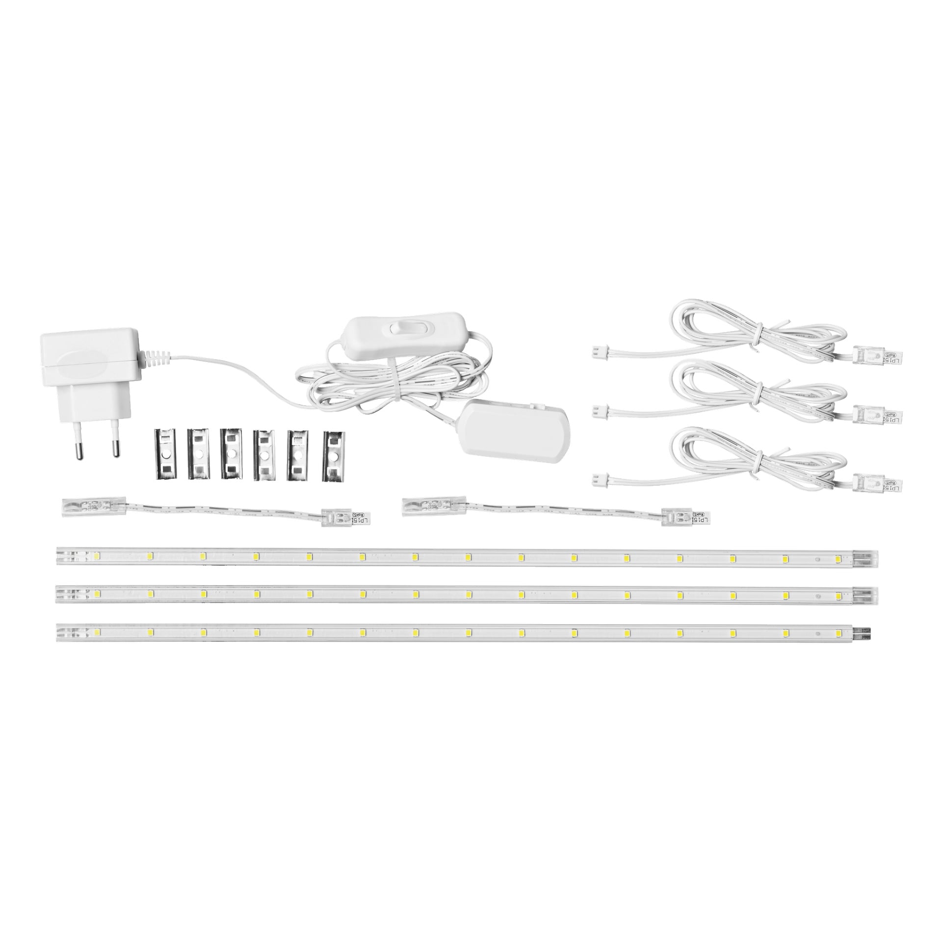 Zestaw 3-packowy Anslut LED z trzema paskami LED, czterema kablami wejściami, czterema klipsami mocującymi, zasilaczem i przewodowym przełącznikiem, wszystko uporządkowane w uporządkowanym wyświetlaczu.