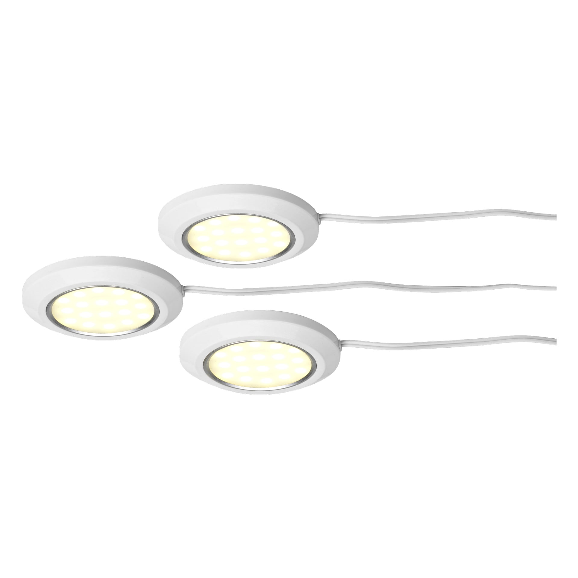 Tre cirkulära Anslut Downlights LED-lampor, som säljs i tre par, är sammanlänkade med vita kablar. Varje armatur är upplyst och visar flera små LED-lampor inuti varje rund ram arrangerade i en triangelform.