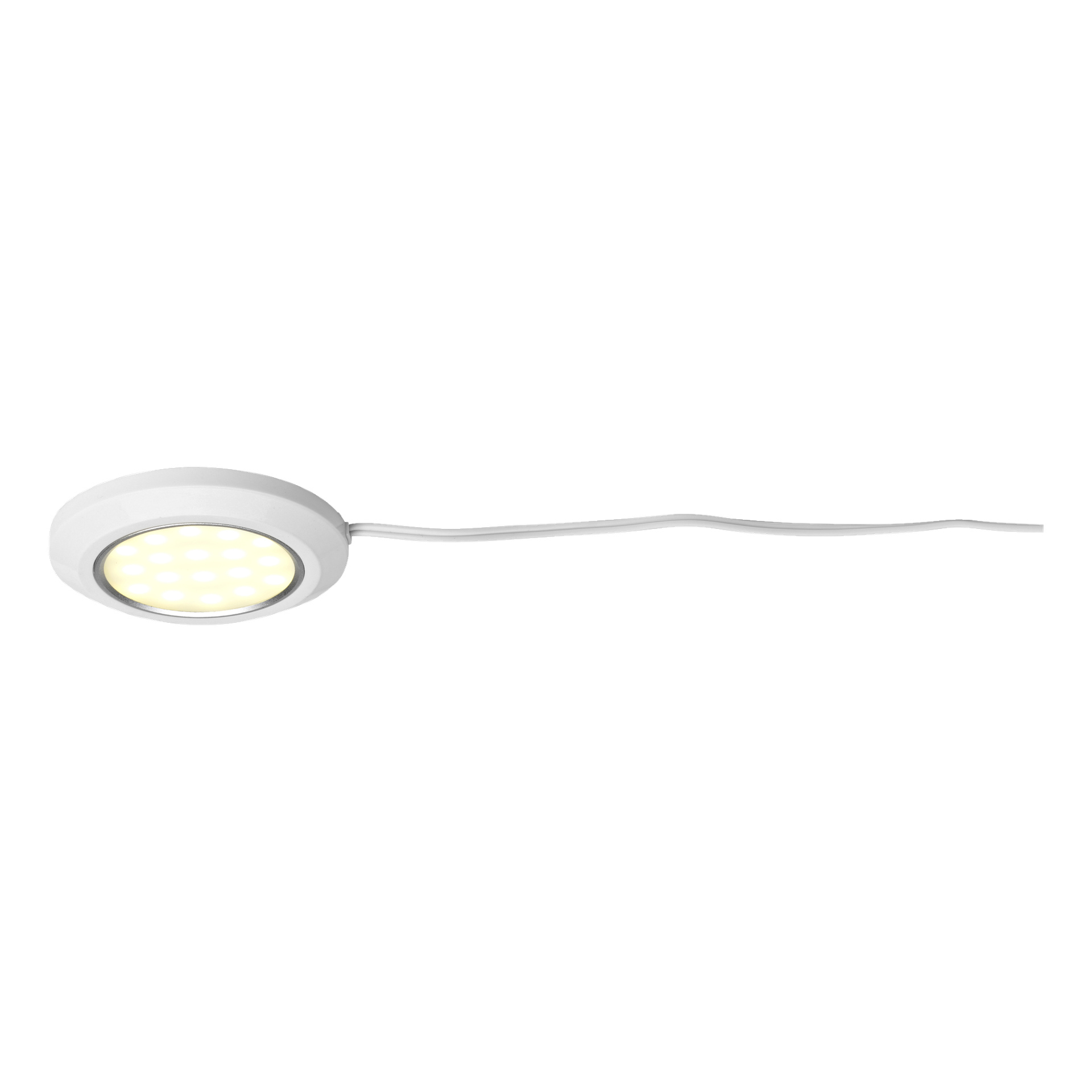En cirkulär vit Anslut Downlight LED med en lysande, prickig yta och en ansluten vit strömkabel som sträcker sig åt höger.