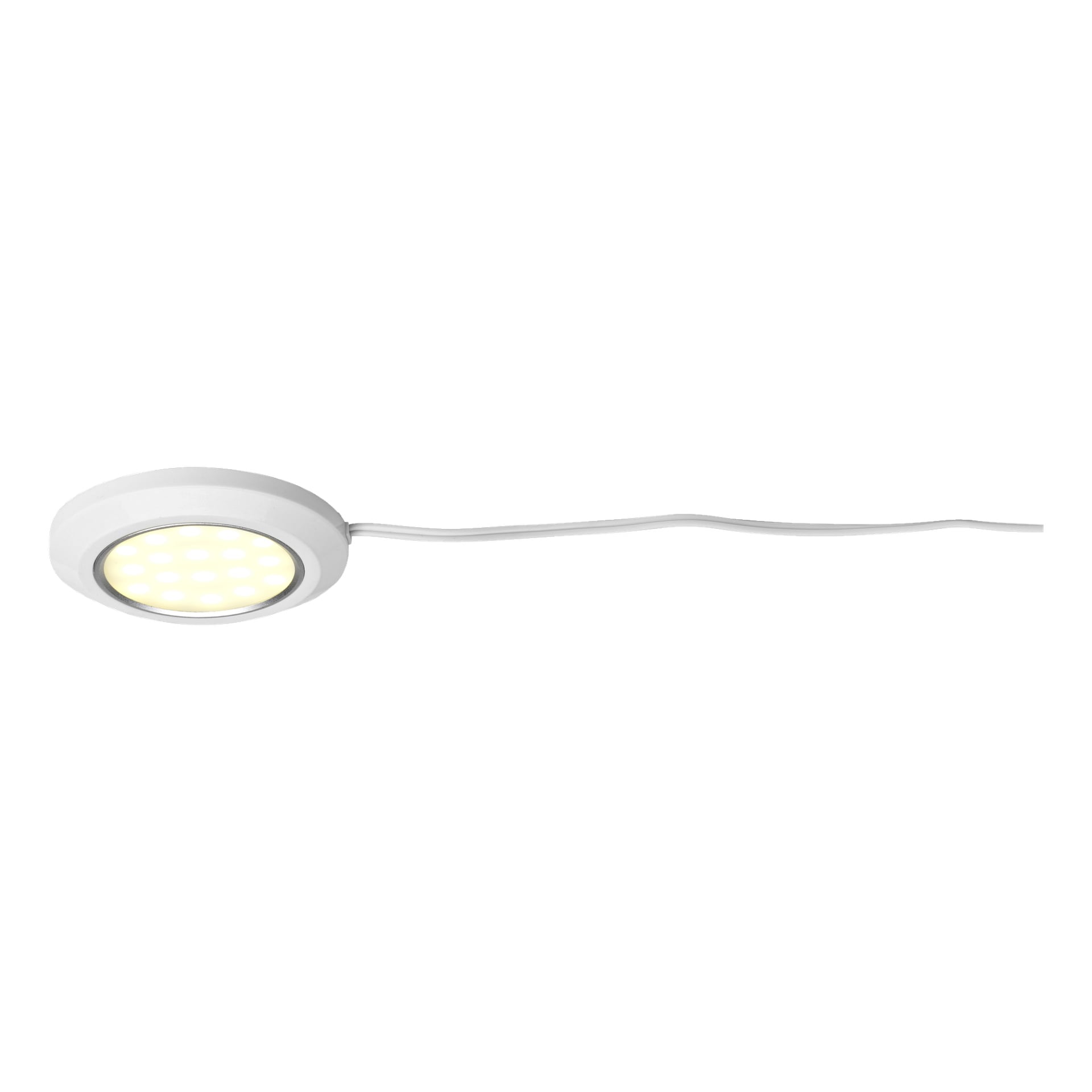 En rund hvit Anslut Downlight LED med en glødende, prikket overflate og en tilkoblet hvit strømkabel som strekker seg til høyre.