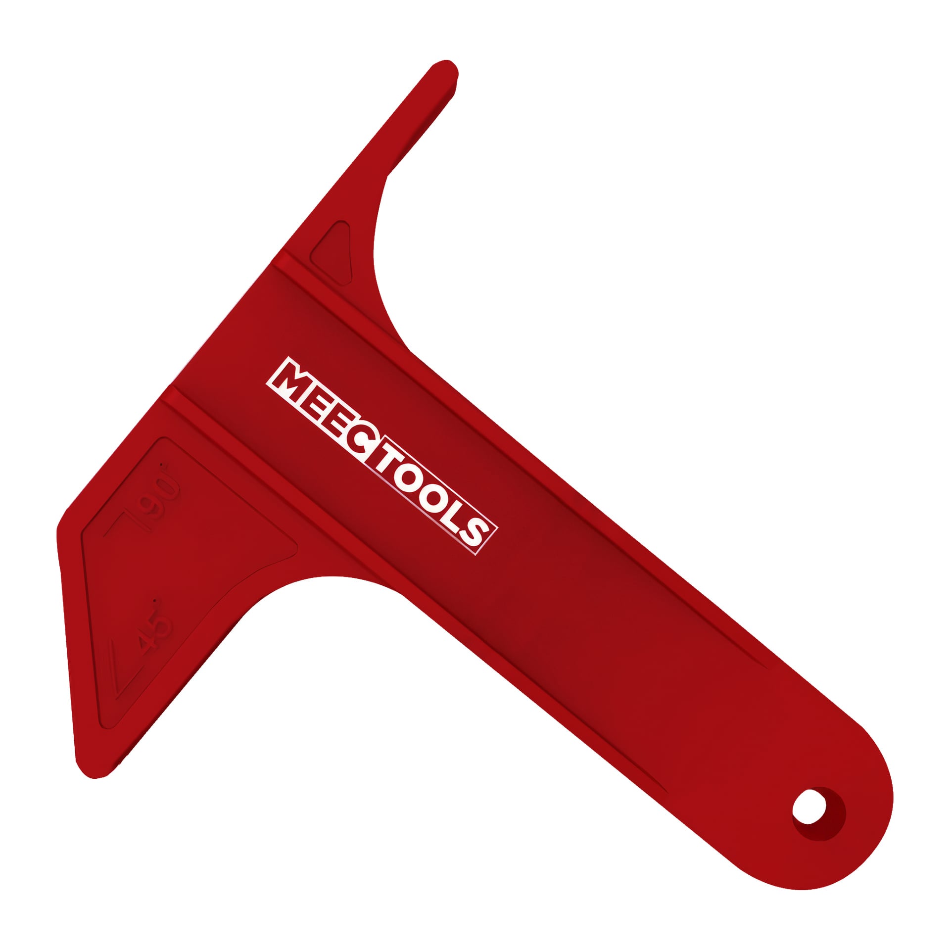 Ett rött Meec Tools-regelstopp av plast med handtag, som visar 45° och 90° vinkelmarkeringar, vanligt för noggrann mätning eller markering vid träarbete och byggarbete.