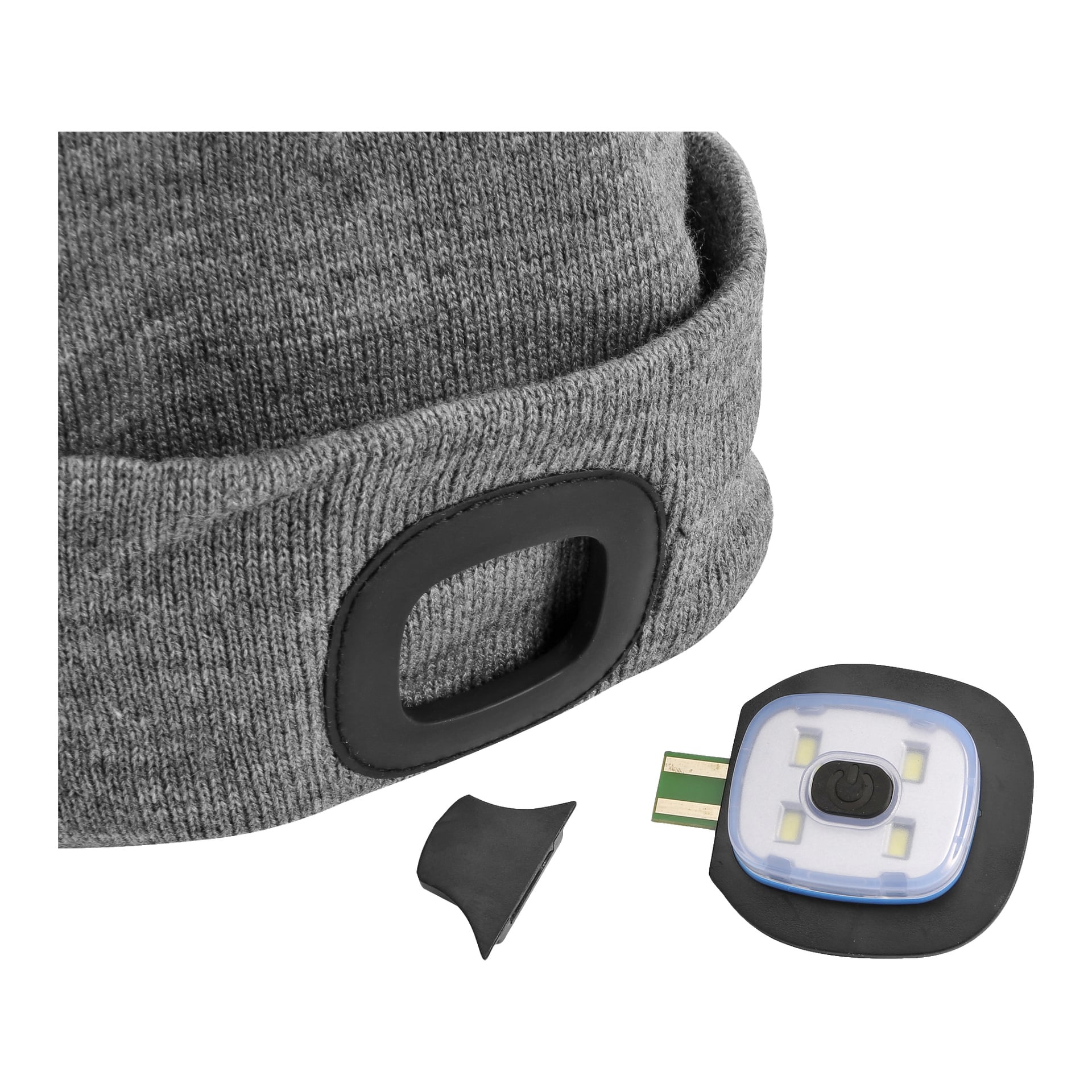 Nahaufnahme einer grauen Kayoba Outdoor-Mütze mit LED-Licht, wobei die abnehmbare LED-Einheit und die schwarze Gummiabdeckung neben der Öffnung sitzen, an der das Licht passt.