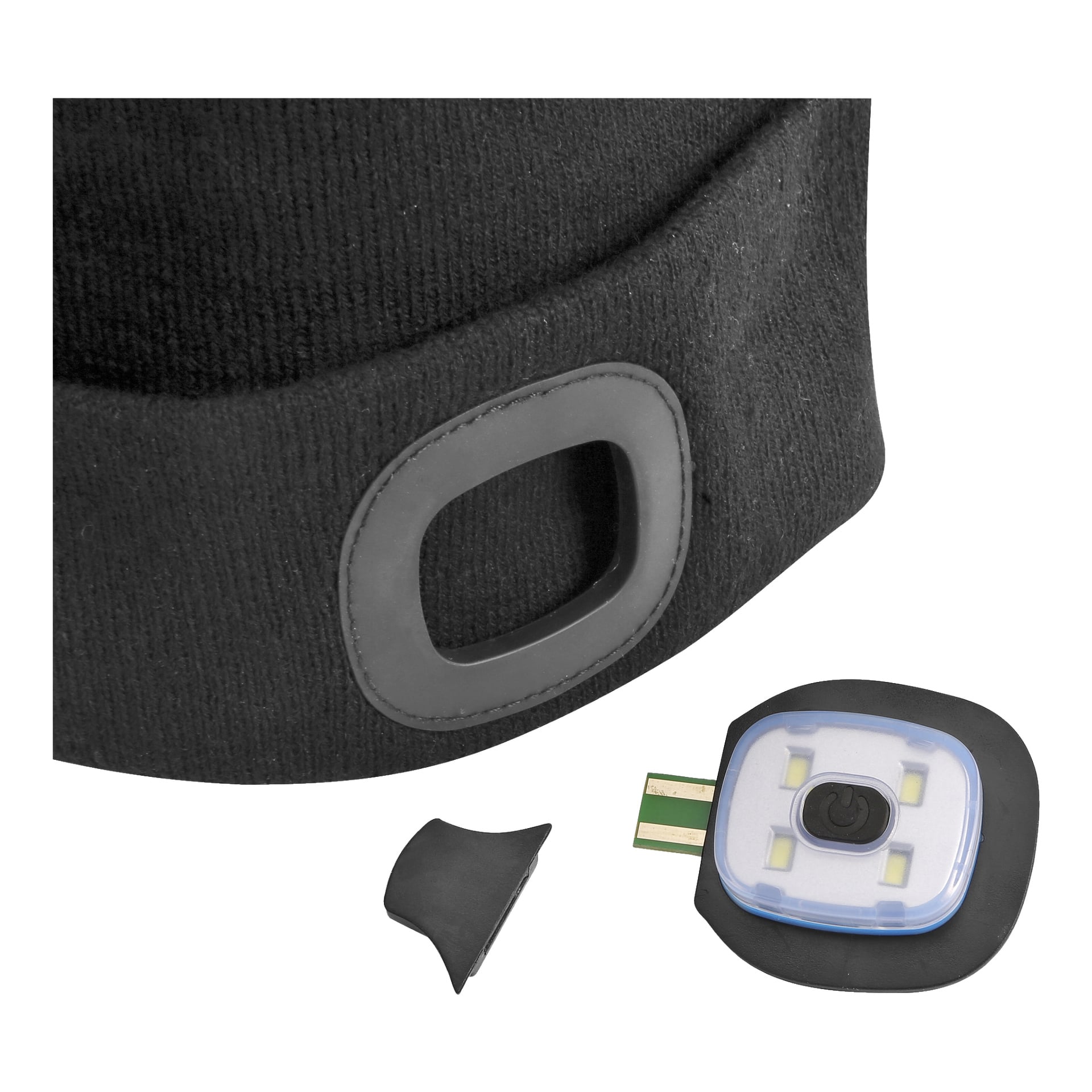 Nahaufnahme einer schwarzen Kayoba Outdoor-Mütze mit LED-Licht, die den rechteckigen Schlitz zeigt, in dem die kleine, abnehmbare LED eingesetzt wird. Die LED-Einheit ist abgetrennt abgebildet, zeigt ihren USB-Ladeanschluss, daneben eine separate Gummiabdeckung.