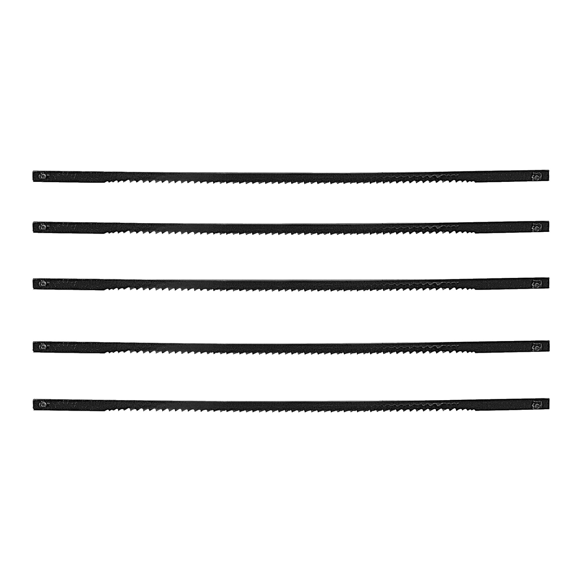 Fem Meec Tools-sågblad för kontursågar från ett 5-pack set är placerade sida vid sida parallellt, var och en med olika tandmönster och storlekar.
