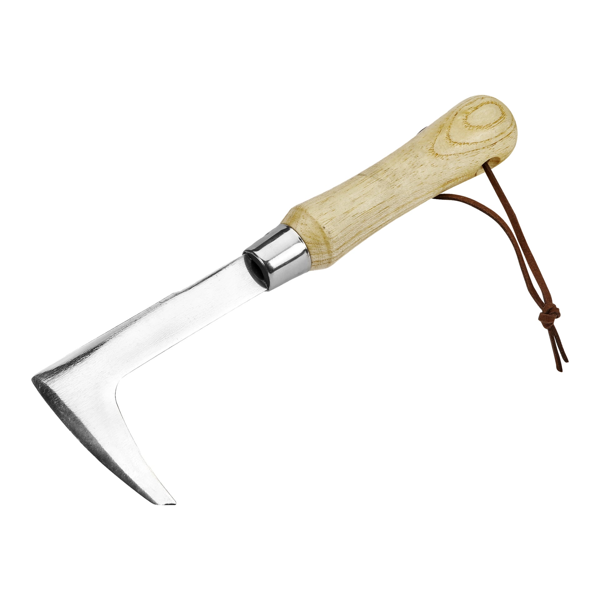 Ett handhållet trädgårdsverktyg kallat Hard Head Flat Iron, designat med ett lätt trähandtag, en metallkrage och ett vasst böjt stålblad för effektiv ogräsrensning. Handtaget har en brun läderögla för enkel upphängning.