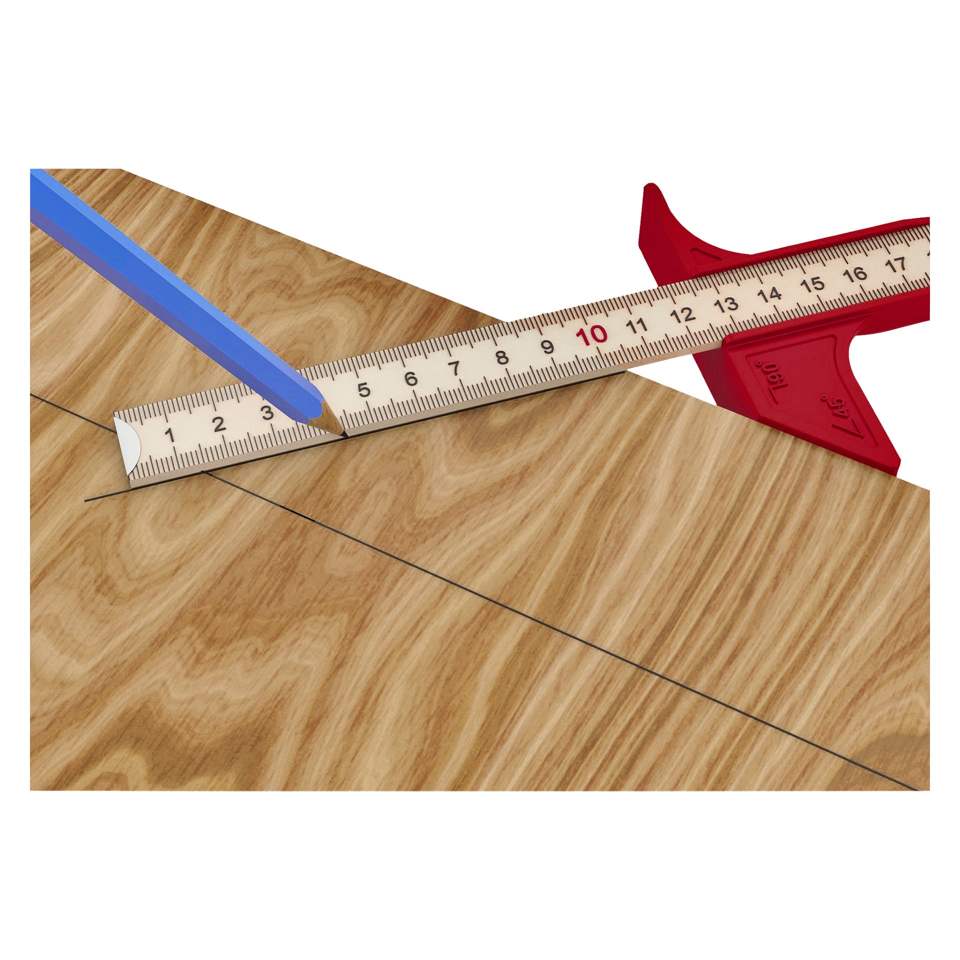 En blå penna ritar en rak linje över en träskiva, med hjälp av en Meec Tools Rule-stopp och en röd rätvinklad guide för precision. Den metriska regelstoppen visar både centimeter och millimeter, och brädan visar sin naturliga träådring.