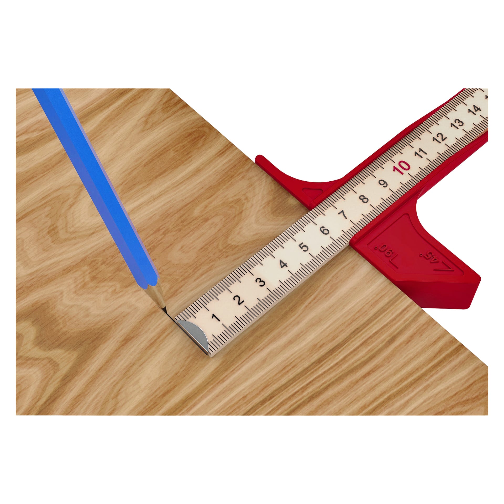 En blå penna drar en linje längs Meec Tools Rule-stoppet, som har ett rött handtag och ligger diagonalt på lätt trä. Regelstoppet visar mått i centimeter och millimeter.