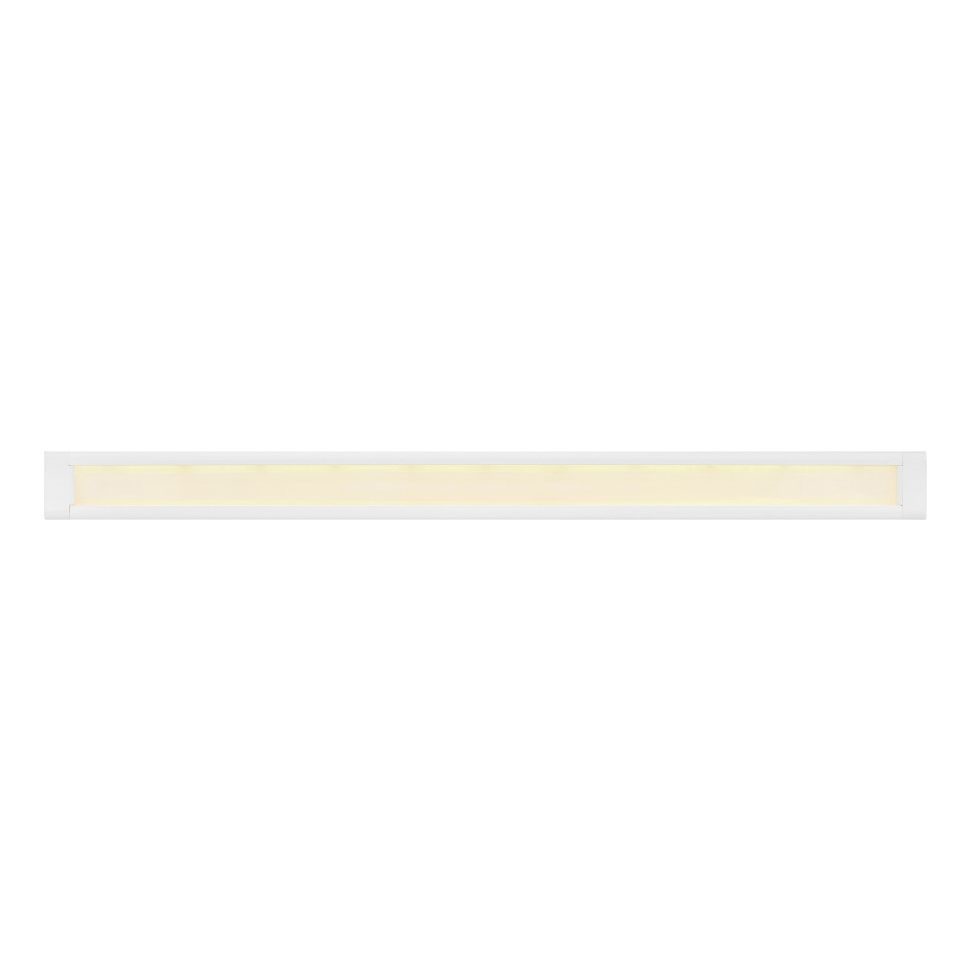 Ansluts LED-remsa har en rektangulär vit design med frostat lock, som kastar ett mjukt, varmt ljus över hela dess längd.