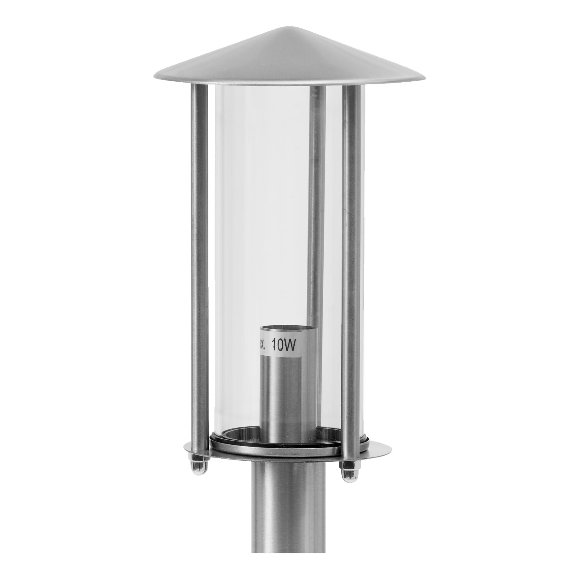 Anslut Gardens belysning i 3-pack visar upp eleganta, moderna utomhuslampor tillverkade av rostfritt stål. Varje armatur har en konformad topp, en transparent cylindrisk glasskärm och en tydligt synlig glödlampa märkt Max 10W.
