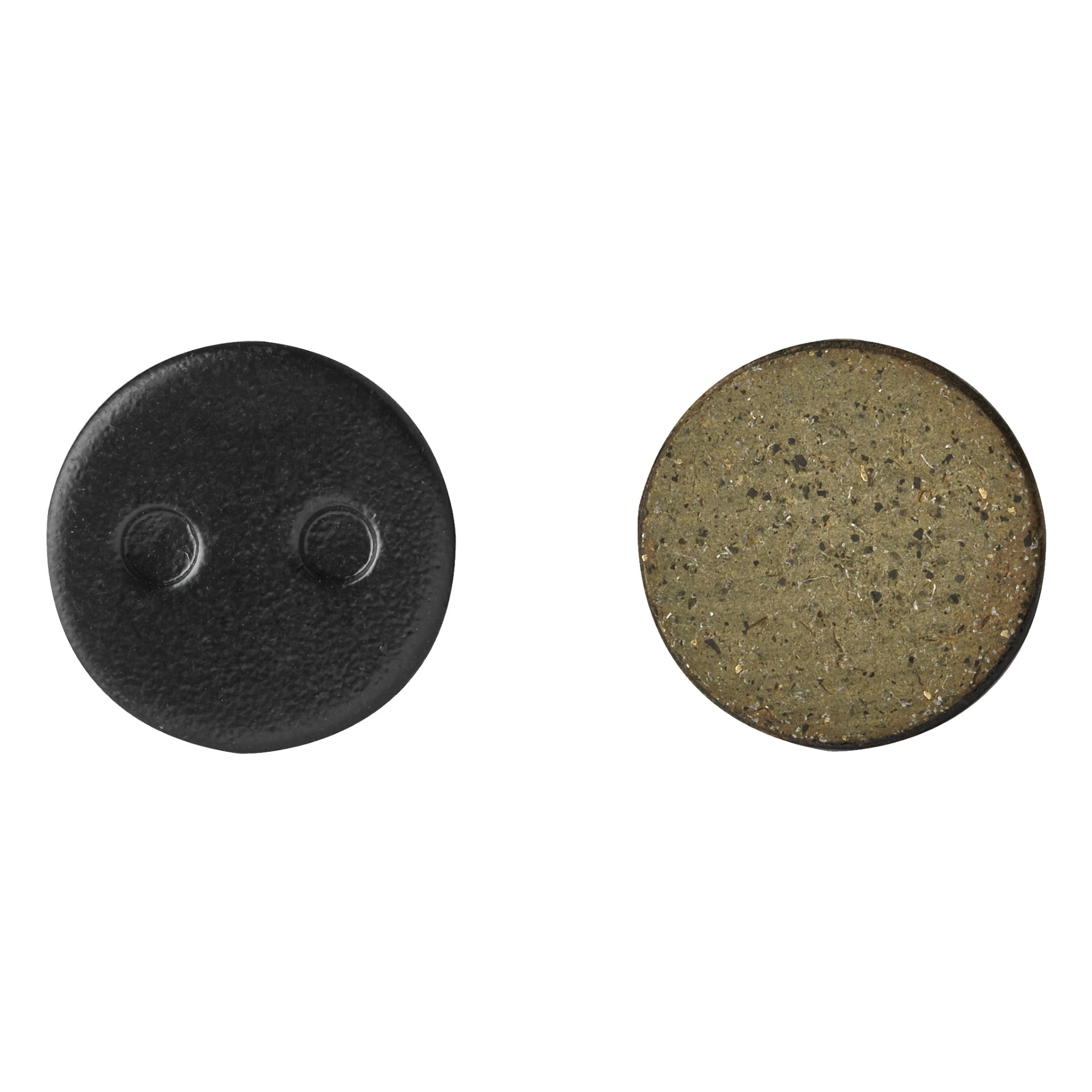 Ett Kayoba Brake Pads 2-pack visas med en svart, rund bromsbelägg med två hål till vänster, och en brunaktig, fläckig, rund bromsbelägg formad som en pressad skiva till höger.