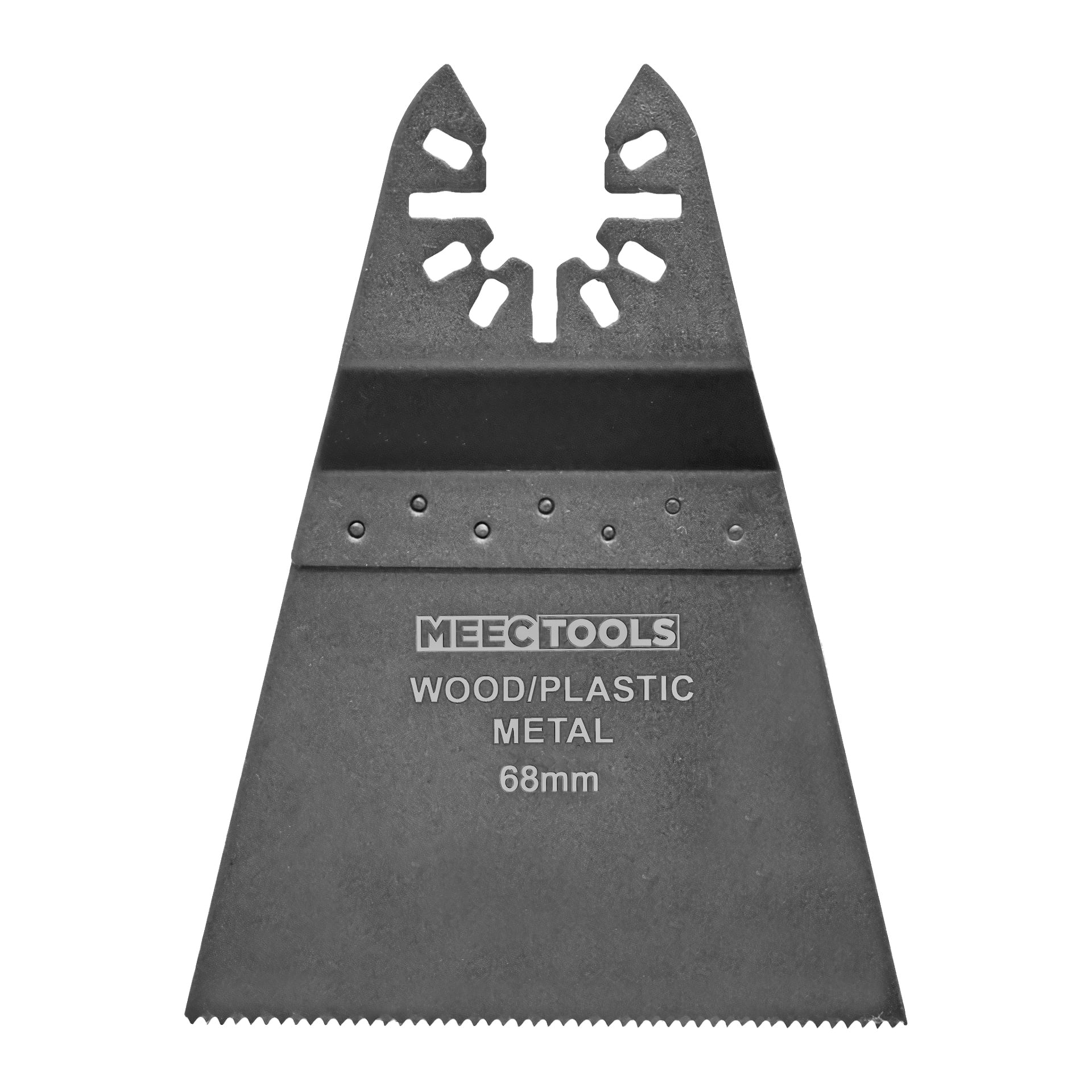 Ett Meec Tools-sågblad märkt WOOD/PLASTIC METAL 68mm, lämpligt för att skära flera typer av material. Bladet har en platt, triangulär form med en hackad ände för att fästa vid utrustningen.