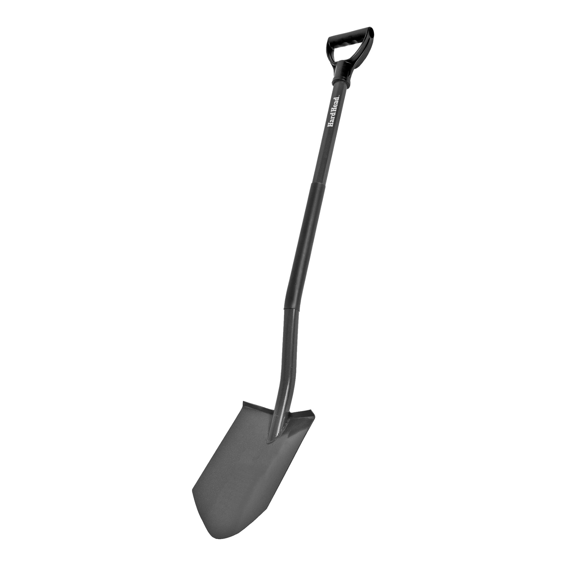 En hård spetsad spade med svart yta står upprätt och visar sitt D-formade handtag och spetsiga blad.