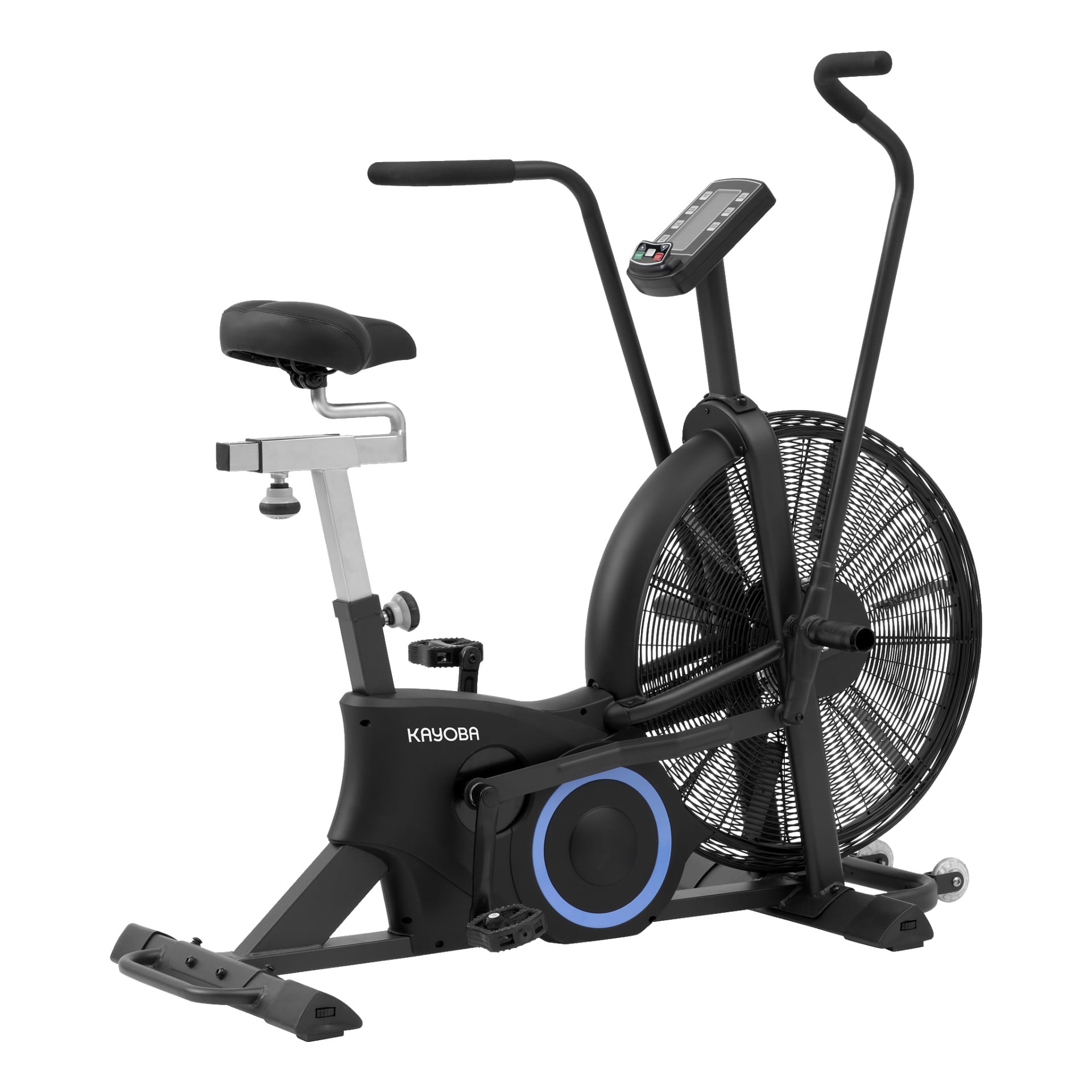 En svart Kayoba Airbike med framträdande fläkthjul, digital skärm och anpassningsbar sadel och styre, avsedd för inomhuskonditionsträning.