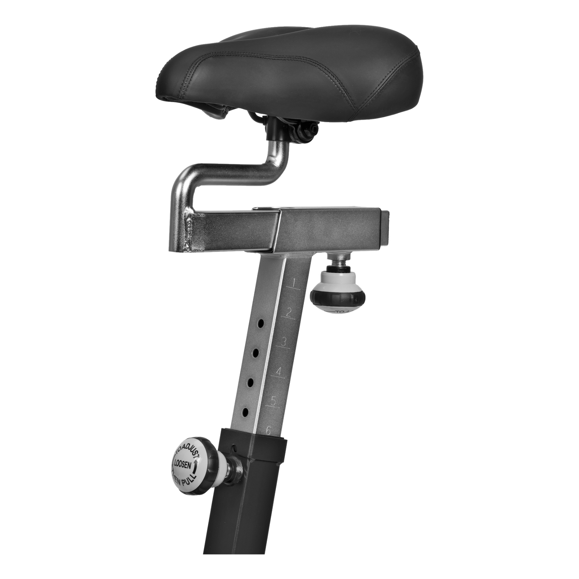 Kayoba Airbike levereras med en svart, vadderad cykelsadel fäst vid en metallstolpe som kan justeras till olika höjdnivåer, var och en märkt med siffror. Det finns rattar för att snabbt lossa eller säkra sätet på önskad höjd.