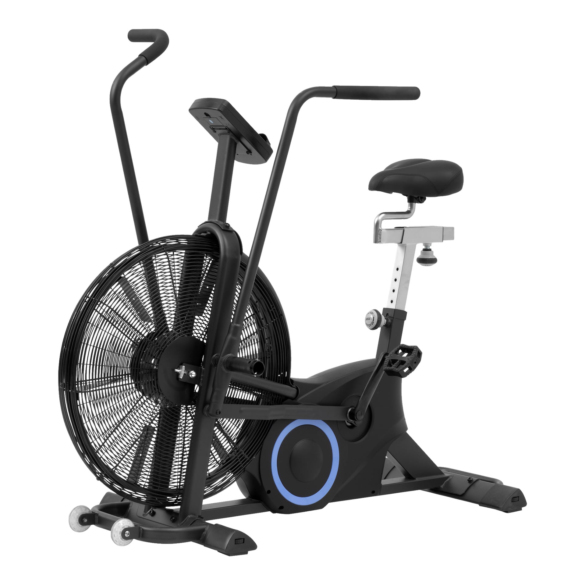 Kayoba Airbike är en motionscykel med stor frontfläkt, två rörliga handtag, justerbart säte, fotpedaler och en digital displayhållare. Den har främst en svart färgschema med en blå cirkulär accent nära pedalerna.